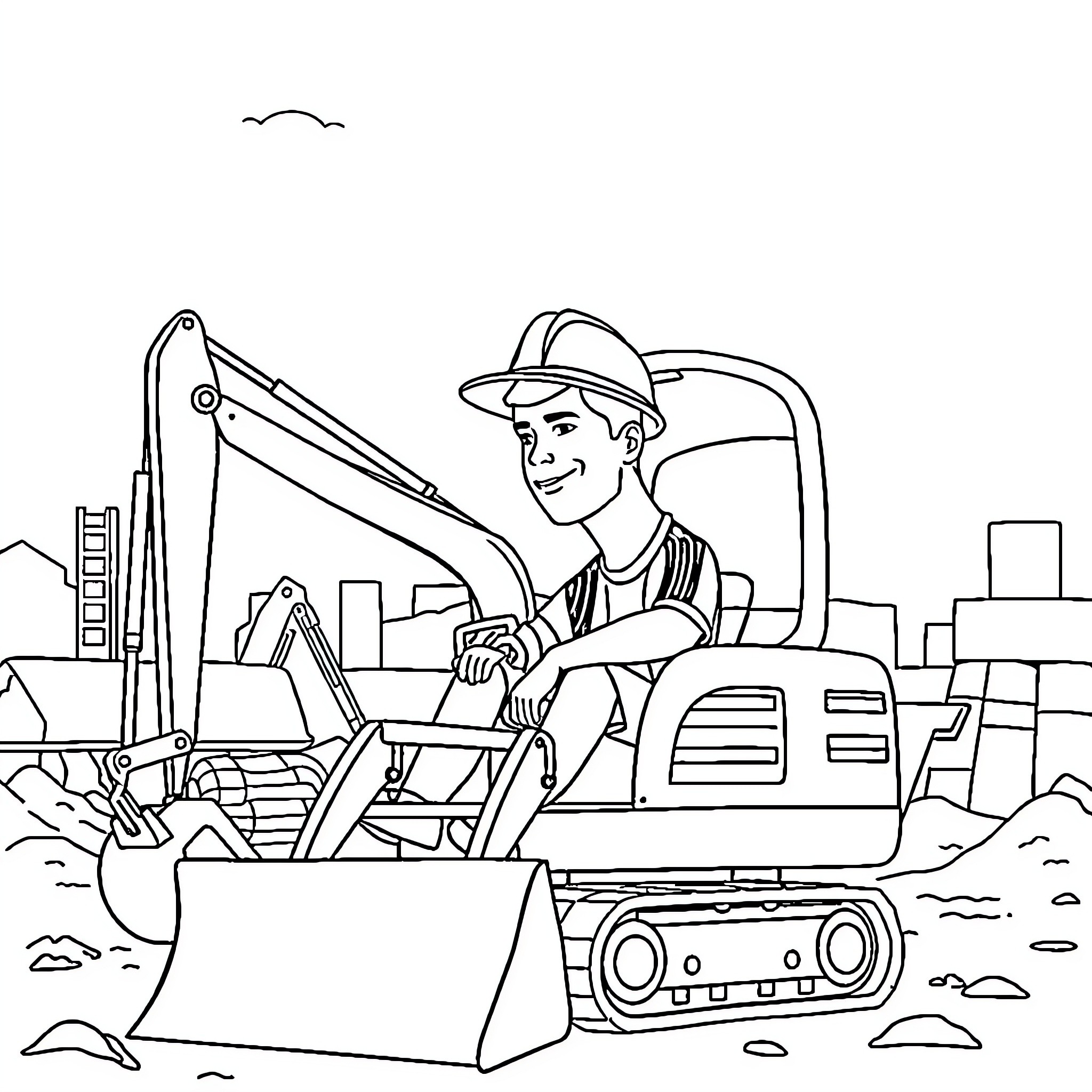 Cristiano Ronaldo Operating Bulldozer on Construction Site Coloring Page (free black-and-white line drawing printable PDF for all, from beginners to advanced learners, including children, teens, adults, and seniors)