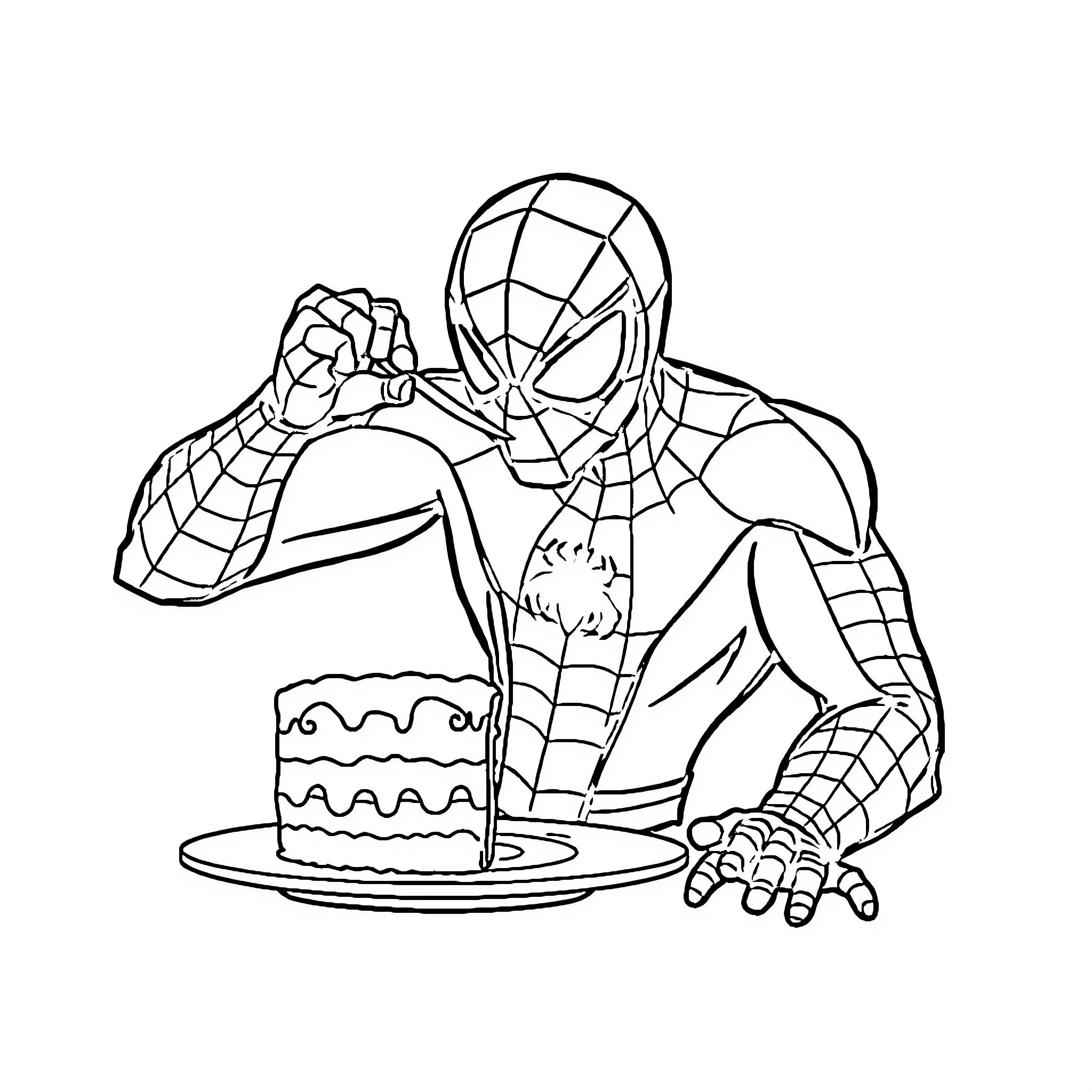 Spiderman enjoying a birthday cake Coloring Page (free black-and-white line drawing printable PDF for all, from beginners to advanced learners, including children, teens, adults, and seniors)