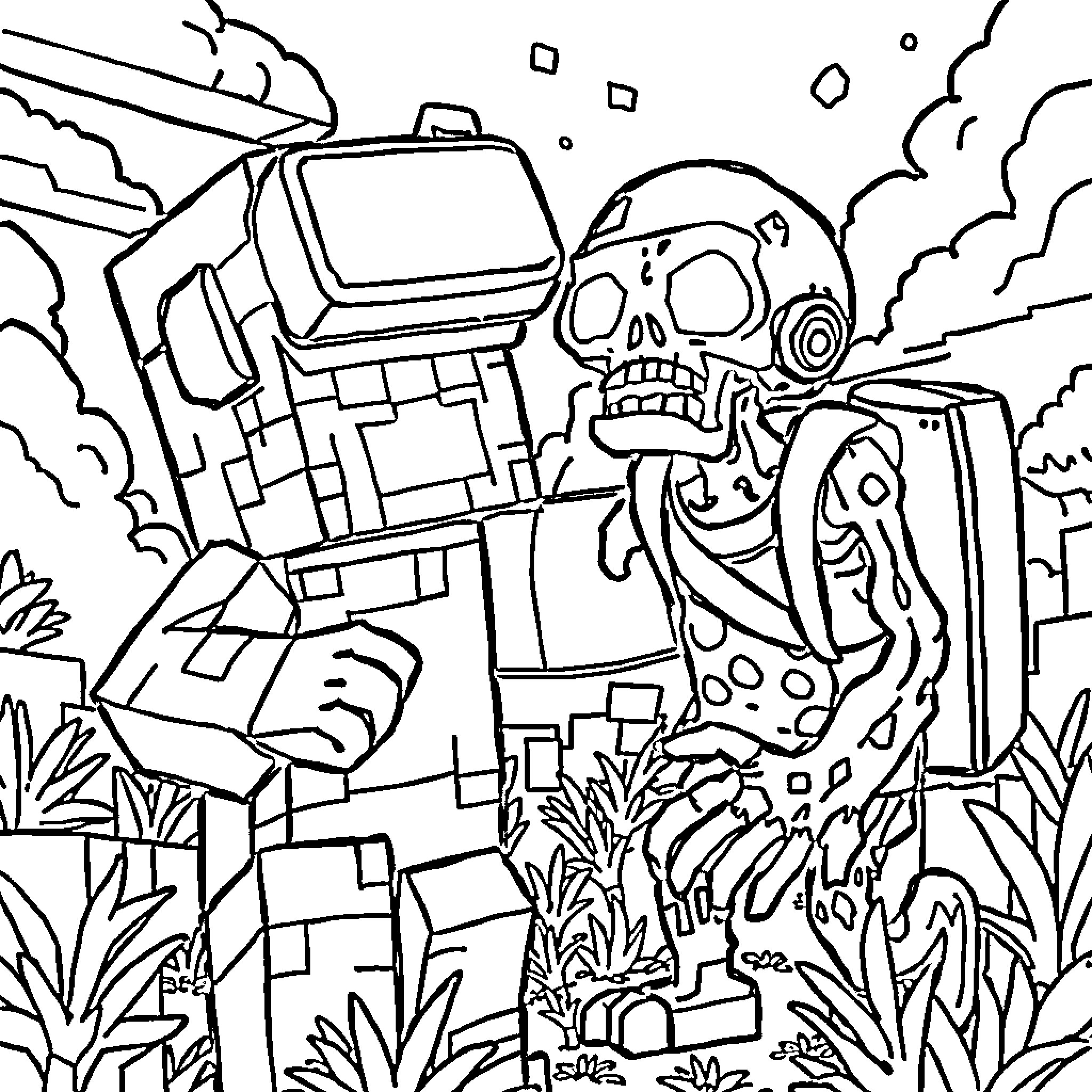 Creeper exploring a haunted landscape Coloring Page (free black-and-white line drawing printable PDF for all, from beginners to advanced learners, including children, teens, adults, and seniors)