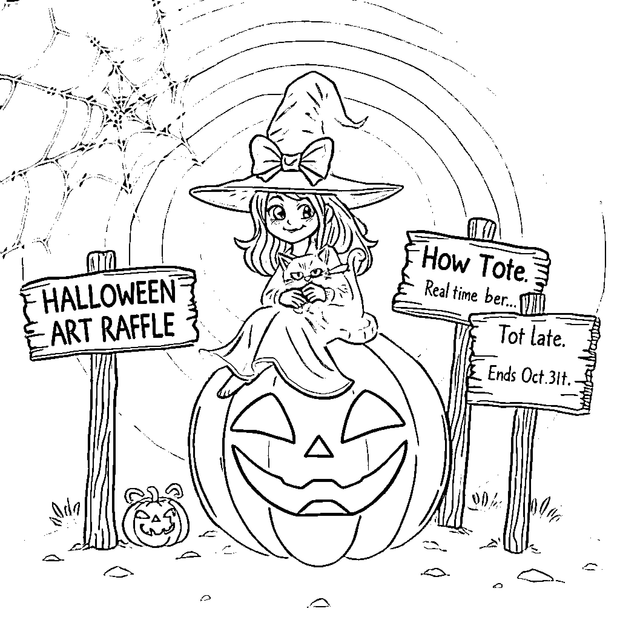 Witch hosting Halloween art raffle for charity Coloring Page (free black-and-white line drawing printable PDF for all, from beginners to advanced learners, including children, teens, adults, and seniors)