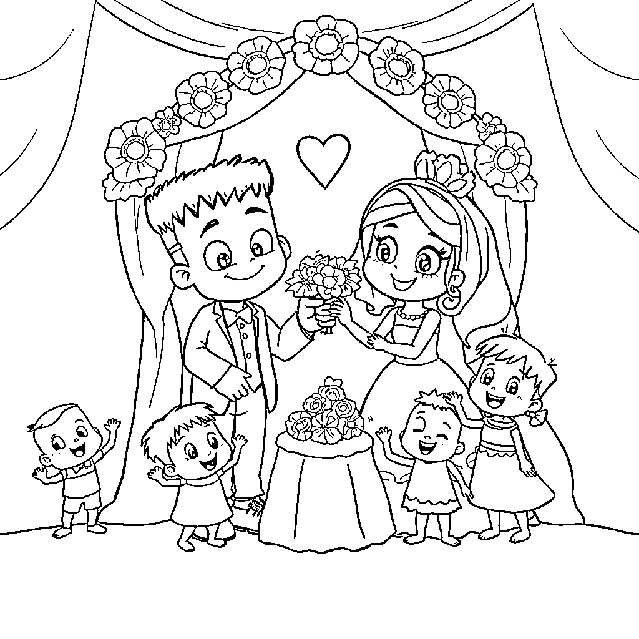 Frankenstein's family wedding scene Coloring Page (free black-and-white line drawing printable PDF for all, from beginners to advanced learners, including children, teens, adults, and seniors)
