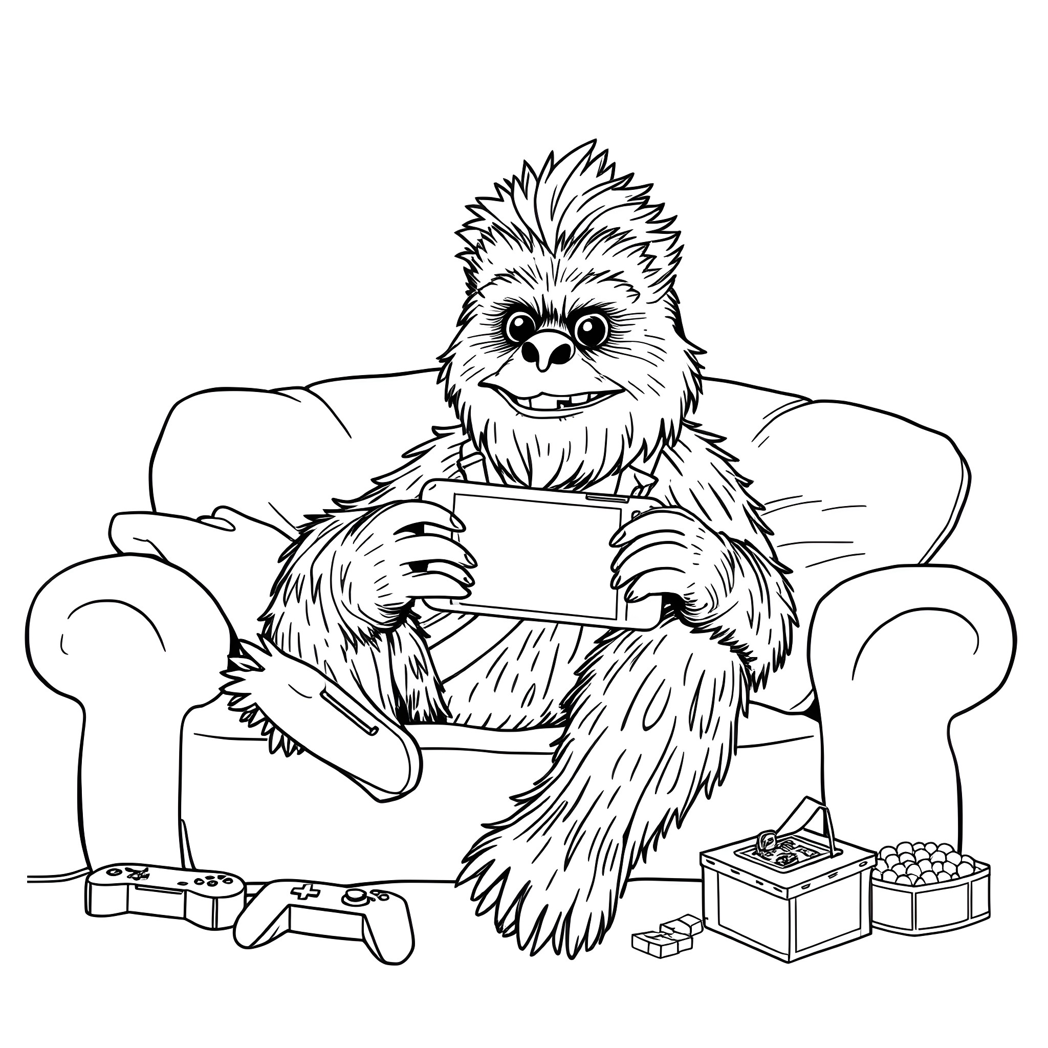 Wookie enjoying video games and snacks on couch Coloring Page (free black-and-white line drawing printable PDF for all, from beginners to advanced learners, including children, teens, adults, and seniors)