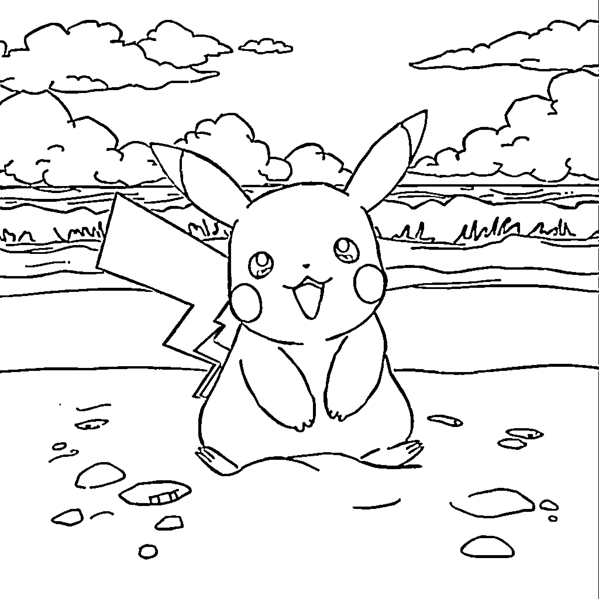Pikachu enjoying a peaceful day by the beach Coloring Page (free black-and-white line drawing printable PDF for all, from beginners to advanced learners, including children, teens, adults, and seniors)