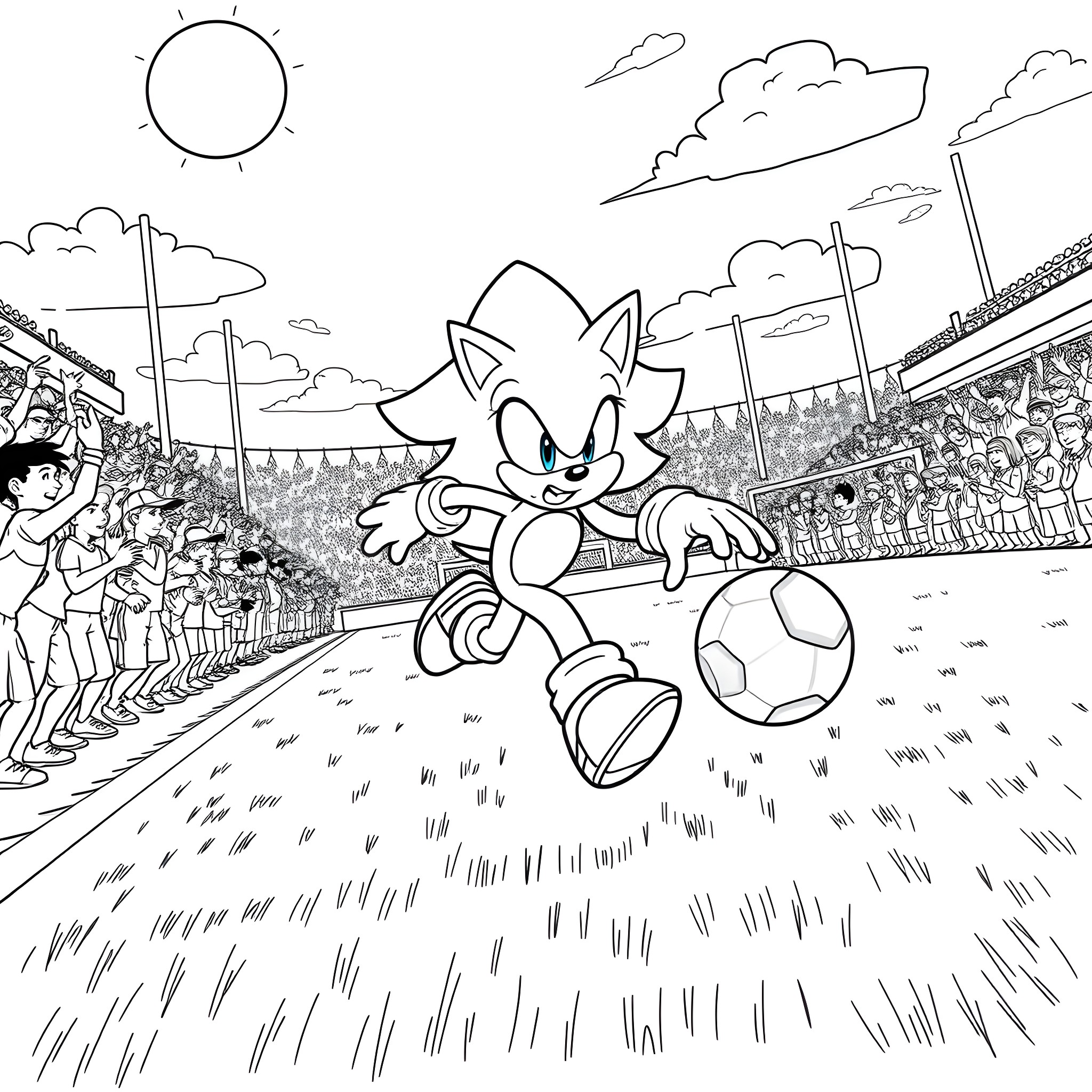 Sonic dribbling and kicking a soccer ball on the field Coloring Page (free black-and-white line drawing printable PDF for all, from beginners to advanced learners, including children, teens, adults, and seniors)