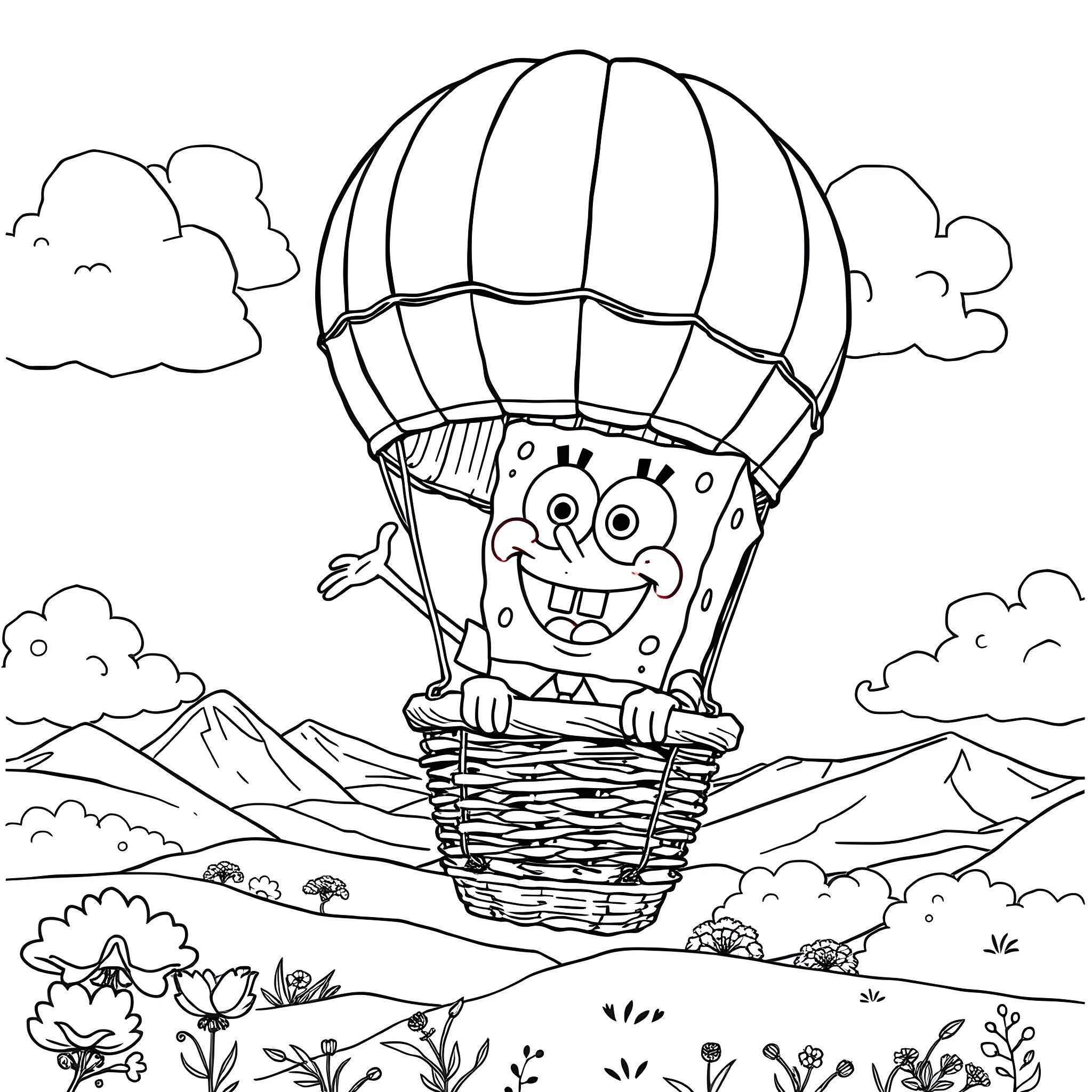 Spongebob in a hot air balloon over a countryside landscape Coloring Page (free black-and-white line drawing printable PDF for all, from beginners to advanced learners, including children, teens, adults, and seniors)