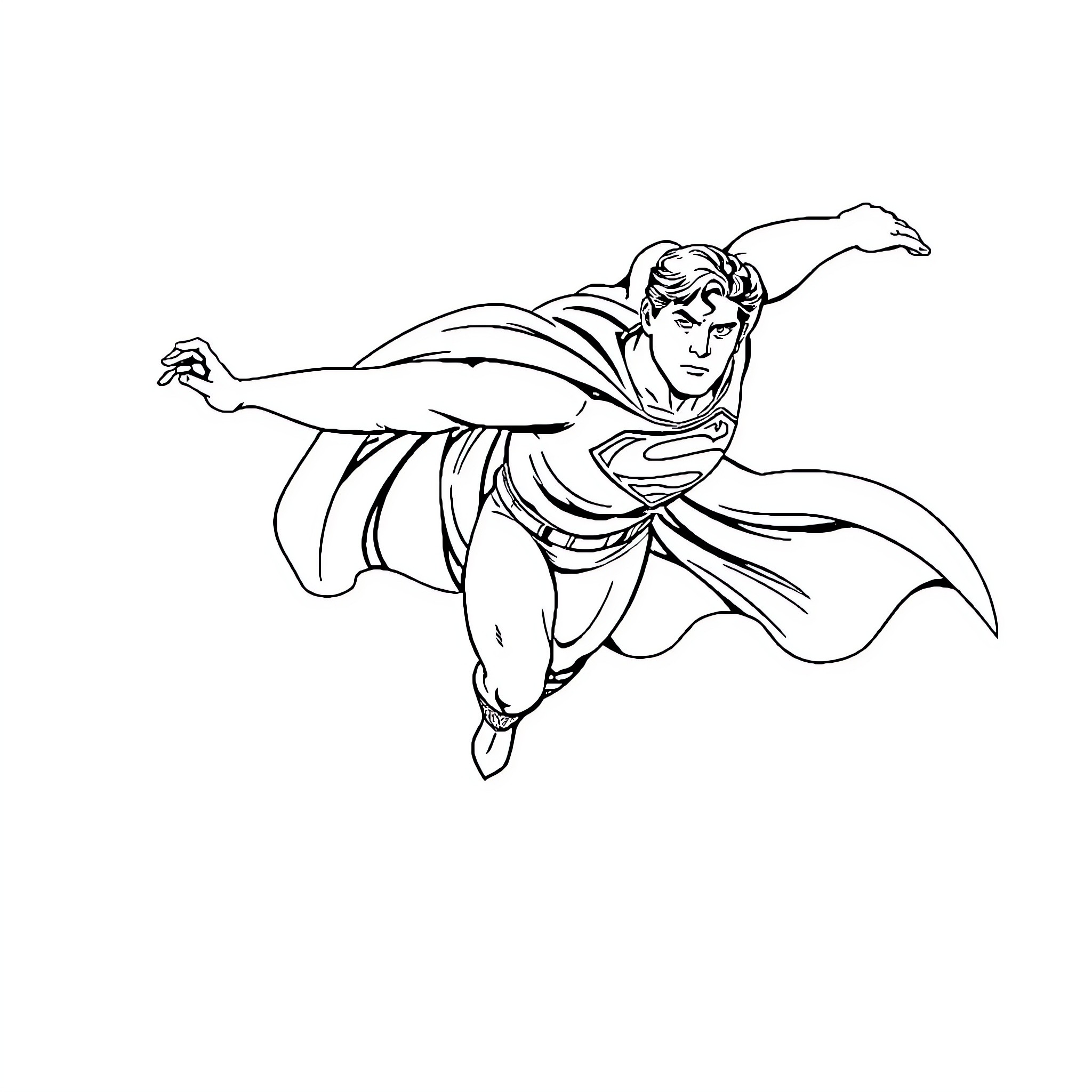 Superman soaring in heroic pose Coloring Page (free black-and-white line drawing printable PDF for all, from beginners to advanced learners, including children, teens, adults, and seniors)