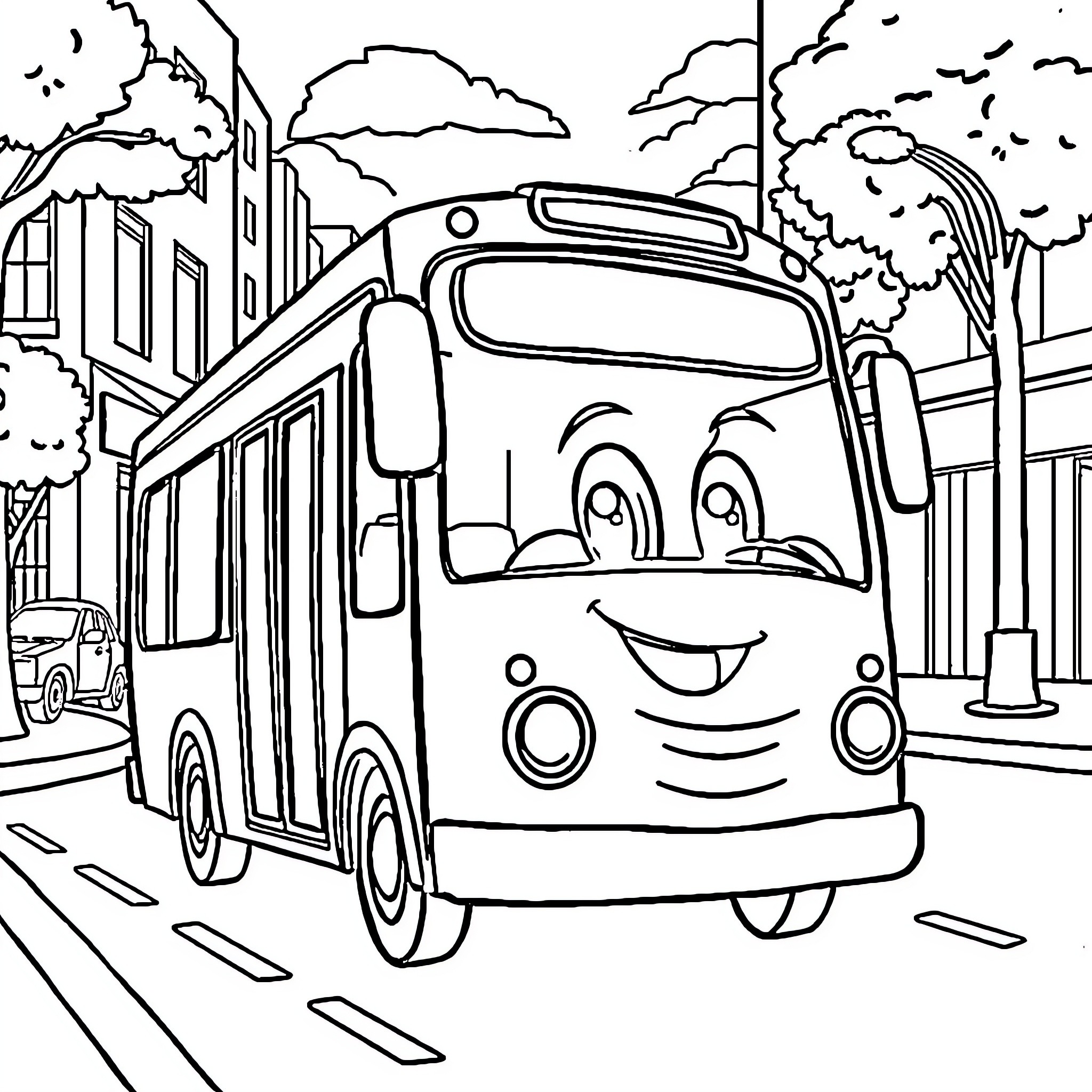 Tayo the Happy Bus on City Streets Coloring Page (free black-and-white line drawing printable PDF for all, from beginners to advanced learners, including children, teens, adults, and seniors)