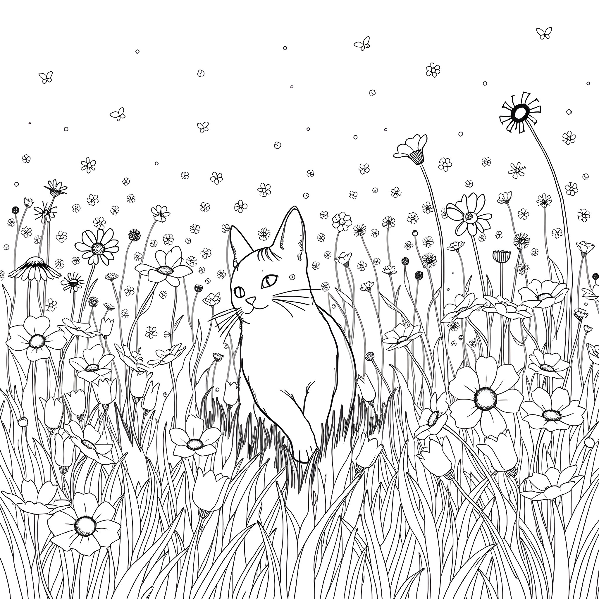 Cat sitting among a field of flowers Coloring Page (free black-and-white line drawing printable PDF for all, from beginners to advanced learners, including children, teens, adults, and seniors)
