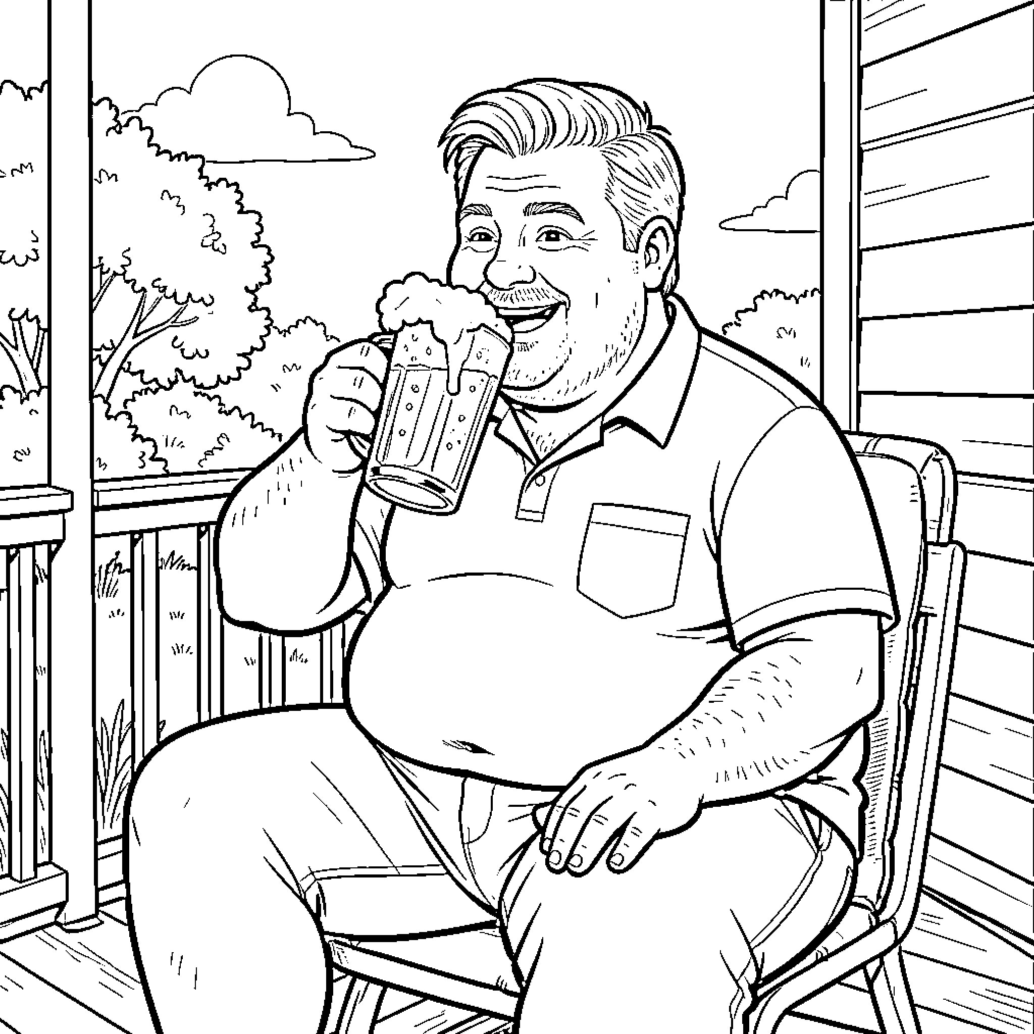 Man enjoying a refreshing beverage on porch Coloring Page (free black-and-white line drawing printable PDF for all, from beginners to advanced learners, including children, teens, adults, and seniors)