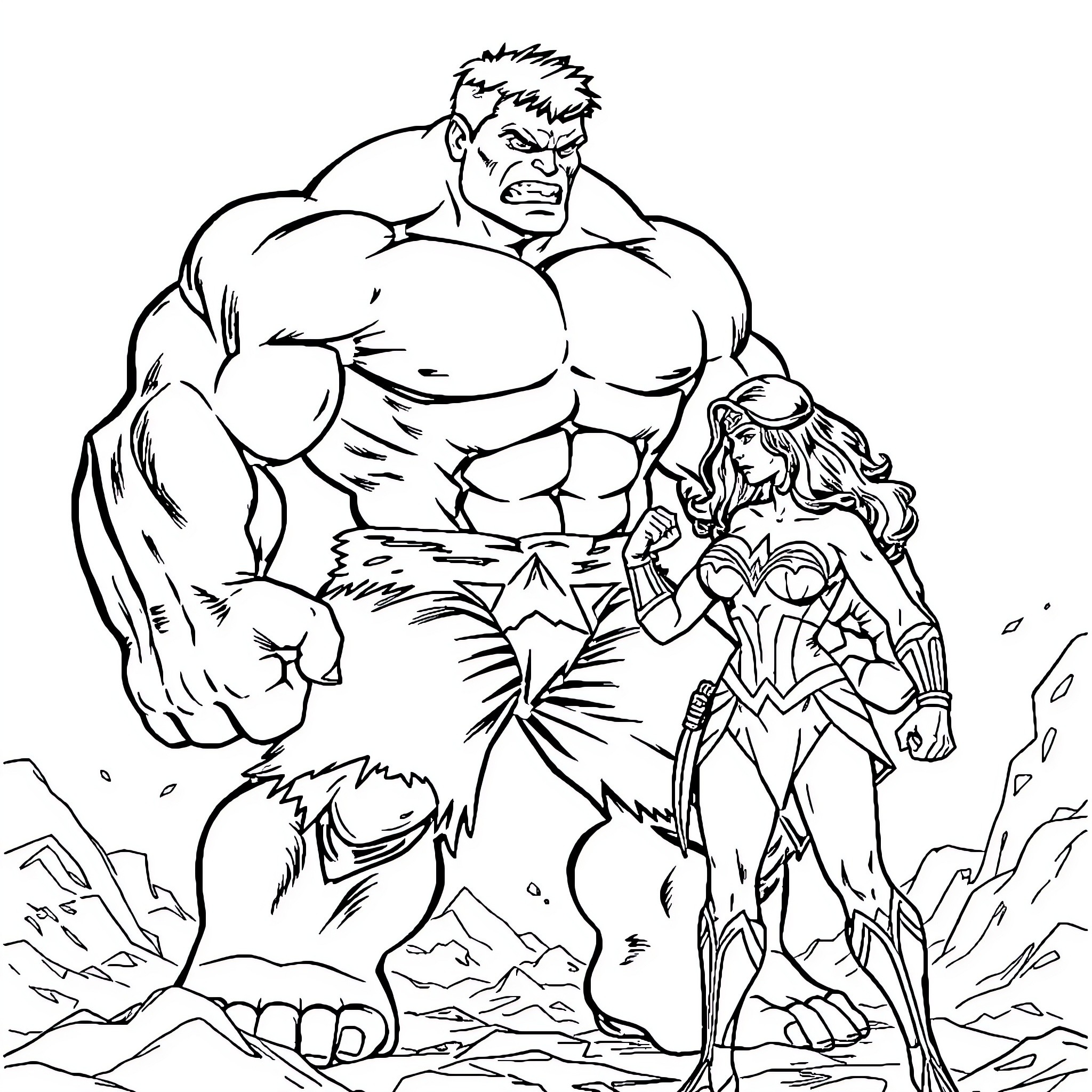 Hulk and Wonder Woman in epic battle Coloring Page (free black-and-white line drawing printable PDF for all, from beginners to advanced learners, including children, teens, adults, and seniors)