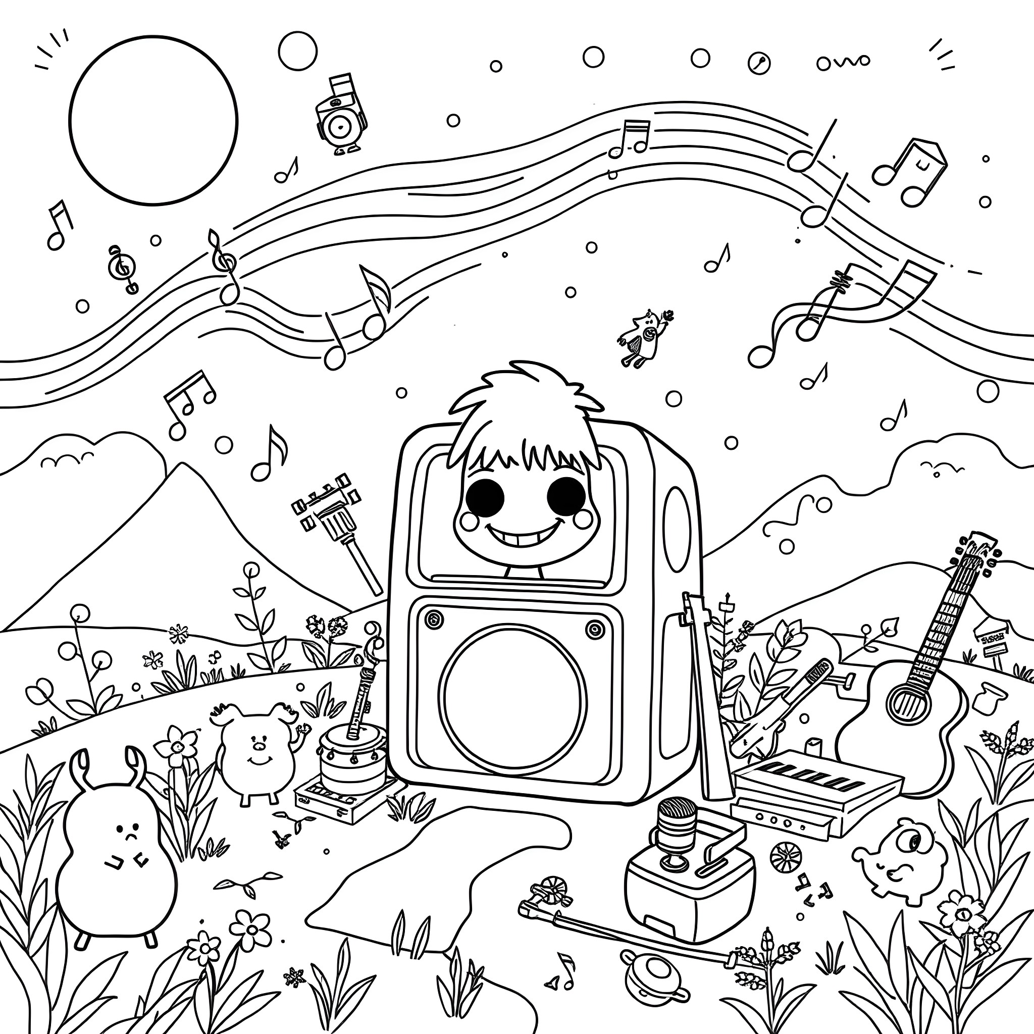 Sprunki's Musical Adventure in the Whimsical Landscape Coloring Page (free black-and-white line drawing printable PDF for all, from beginners to advanced learners, including children, teens, adults, and seniors)