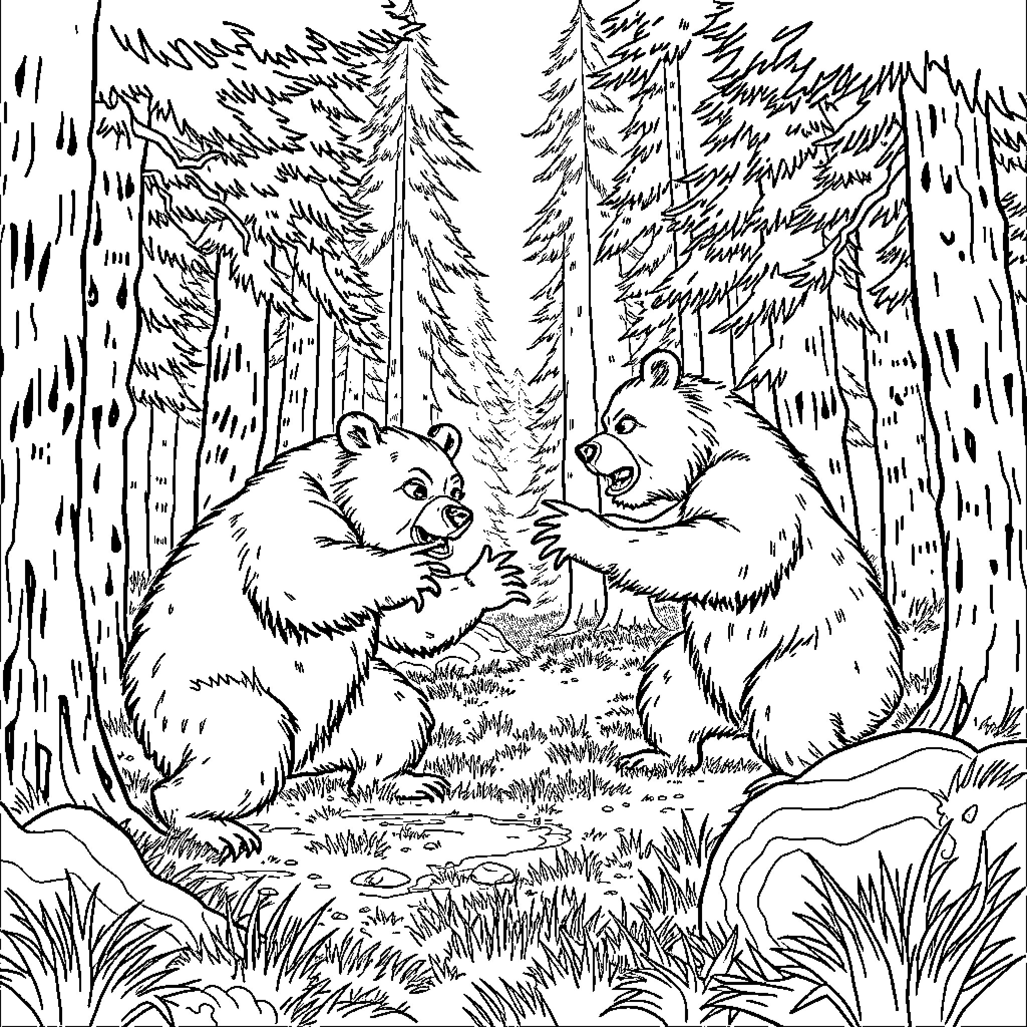 Girlfriend Bears Playing Happily in the Forest Coloring Page (free black-and-white line drawing printable PDF for all, from beginners to advanced learners, including children, teens, adults, and seniors)