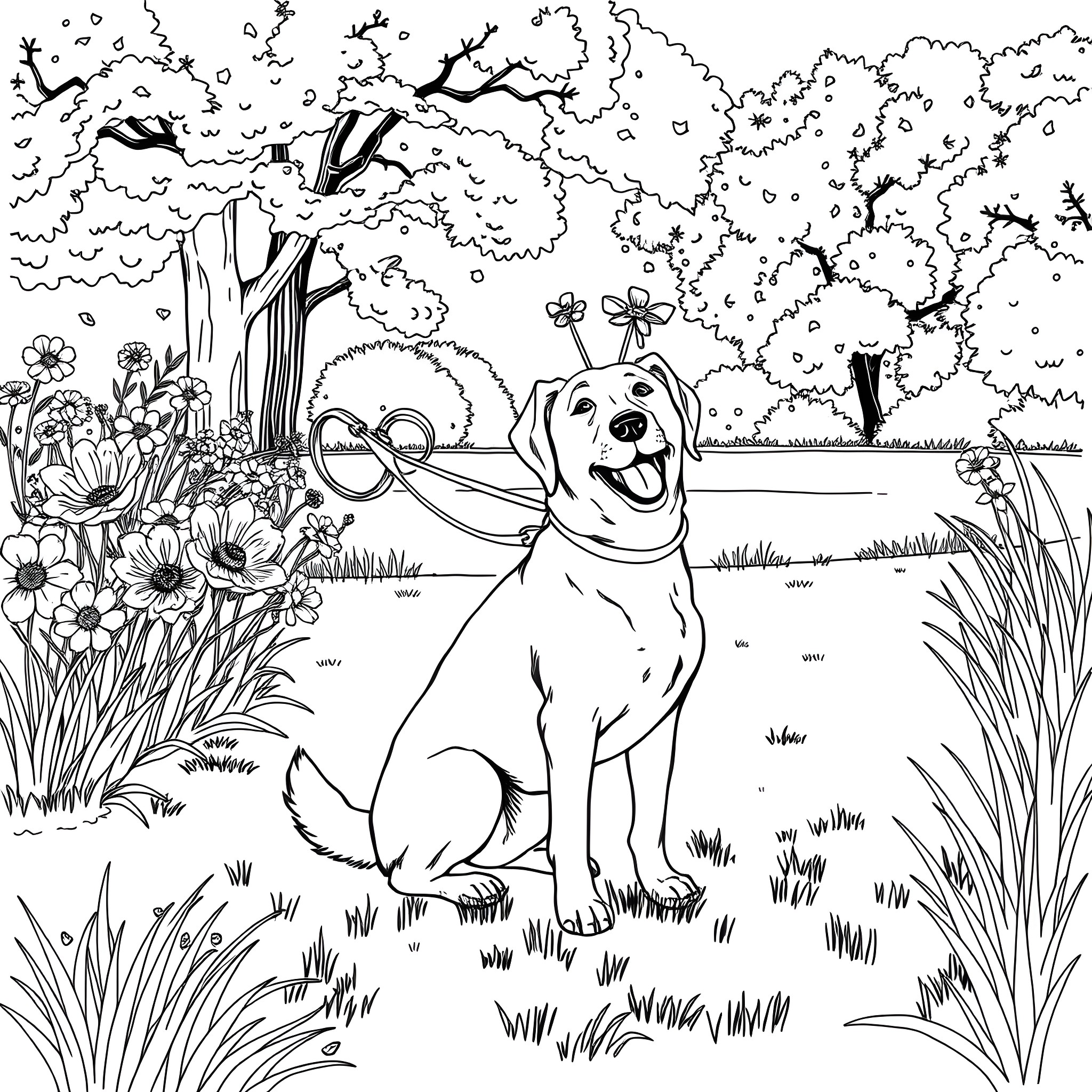 Dog playing happily in the park Coloring Page (free black-and-white line drawing printable PDF for all, from beginners to advanced learners, including children, teens, adults, and seniors)