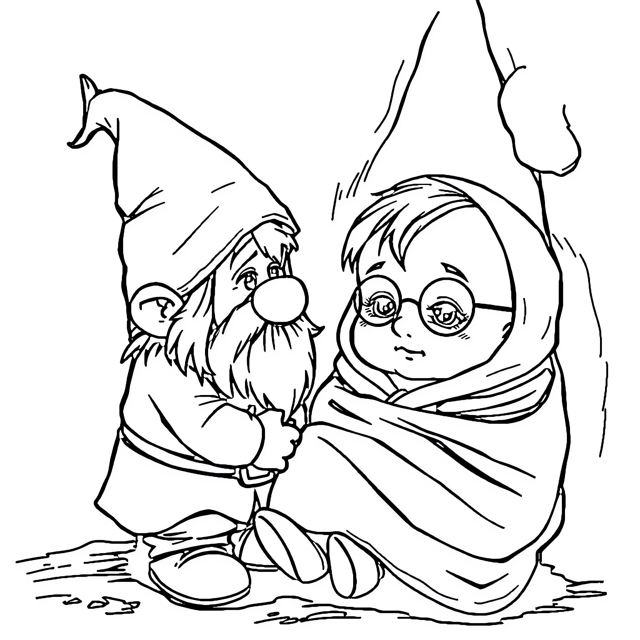 Gnome friends exploring the forest Coloring Page (free black-and-white line drawing printable PDF for all, from beginners to advanced learners, including children, teens, adults, and seniors)