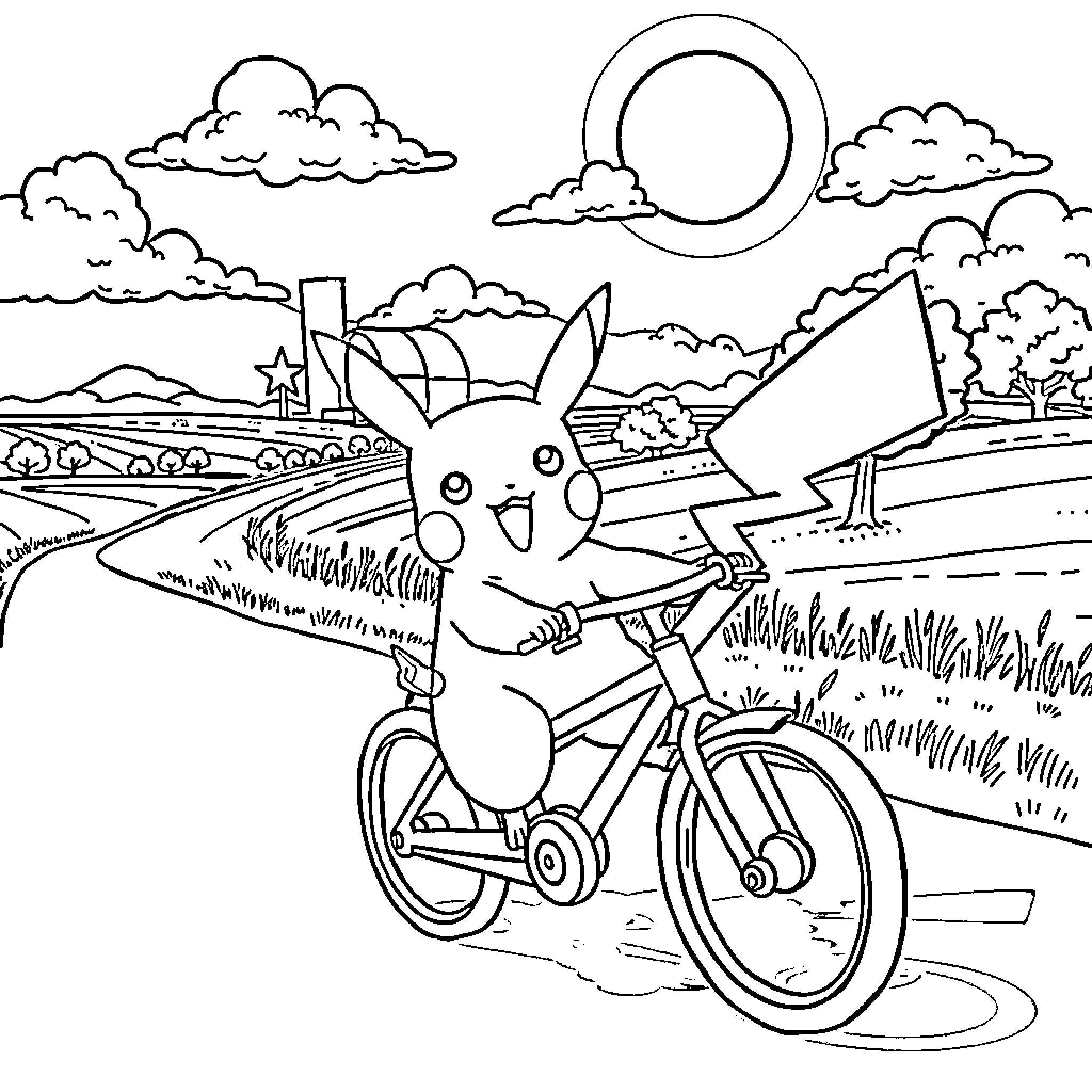 Pikachu riding a bicycle through a scenic landscape Coloring Page (free black-and-white line drawing printable PDF for all, from beginners to advanced learners, including children, teens, adults, and seniors)