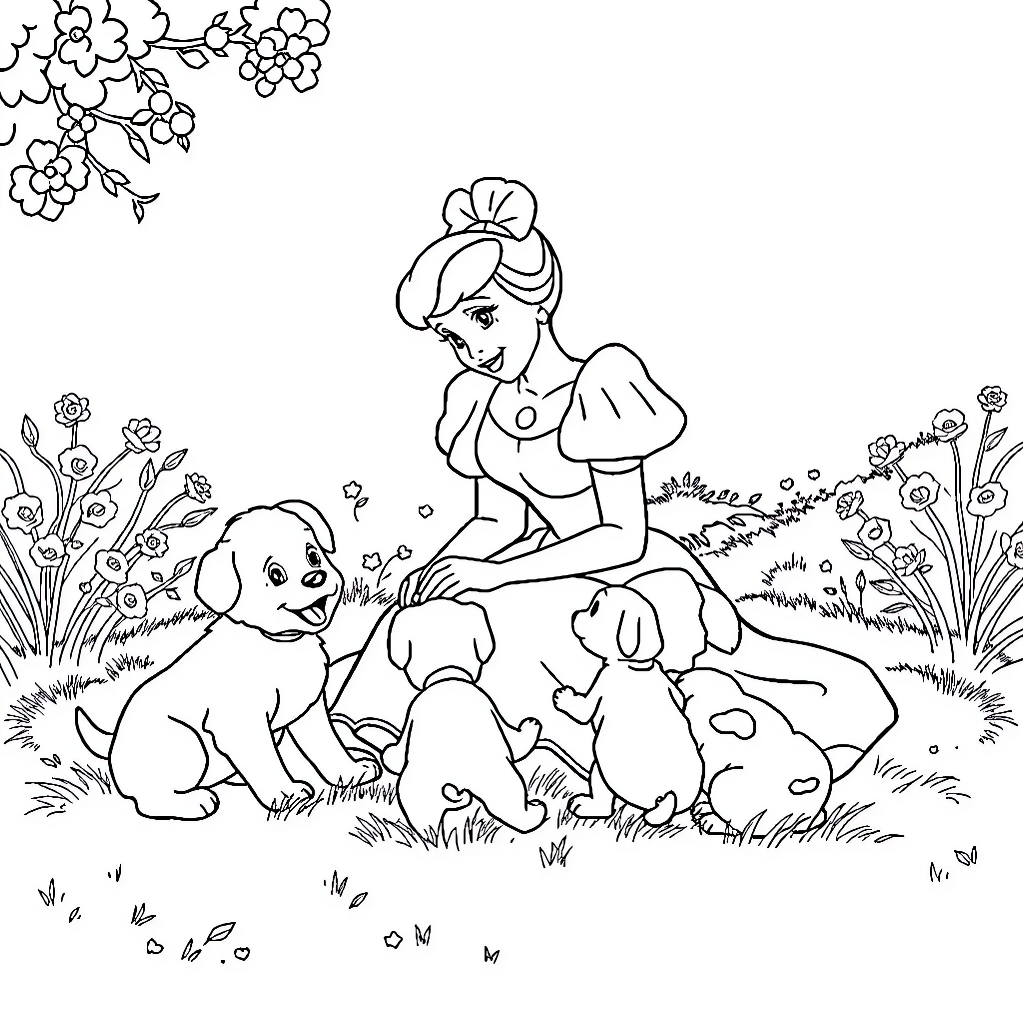 Cinderella enjoying time with her animal friends Coloring Page (free black-and-white line drawing printable PDF for all, from beginners to advanced learners, including children, teens, adults, and seniors)