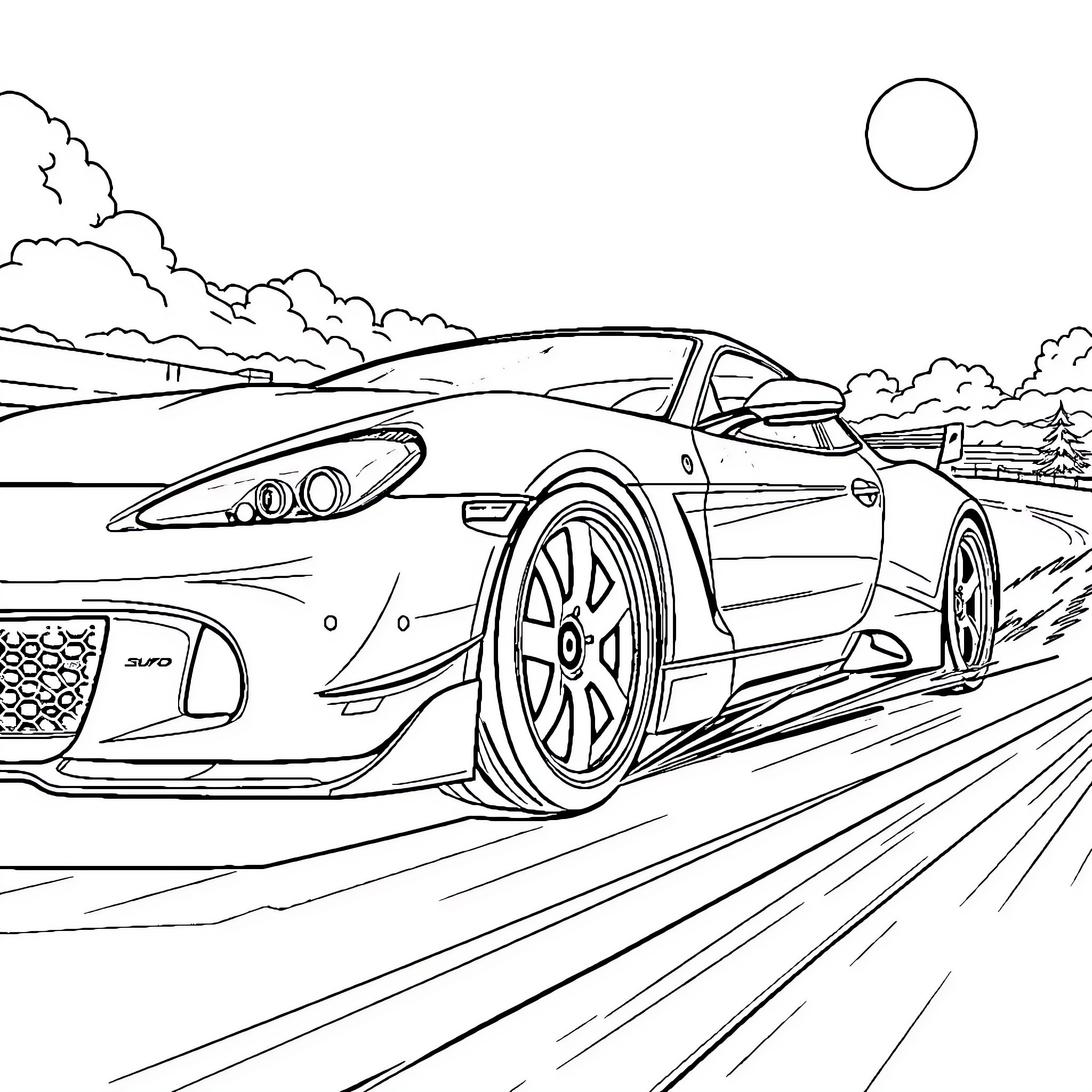 Sports Car Speeding on a Winding Road Coloring Page (free black-and-white line drawing printable PDF for all, from beginners to advanced learners, including children, teens, adults, and seniors)