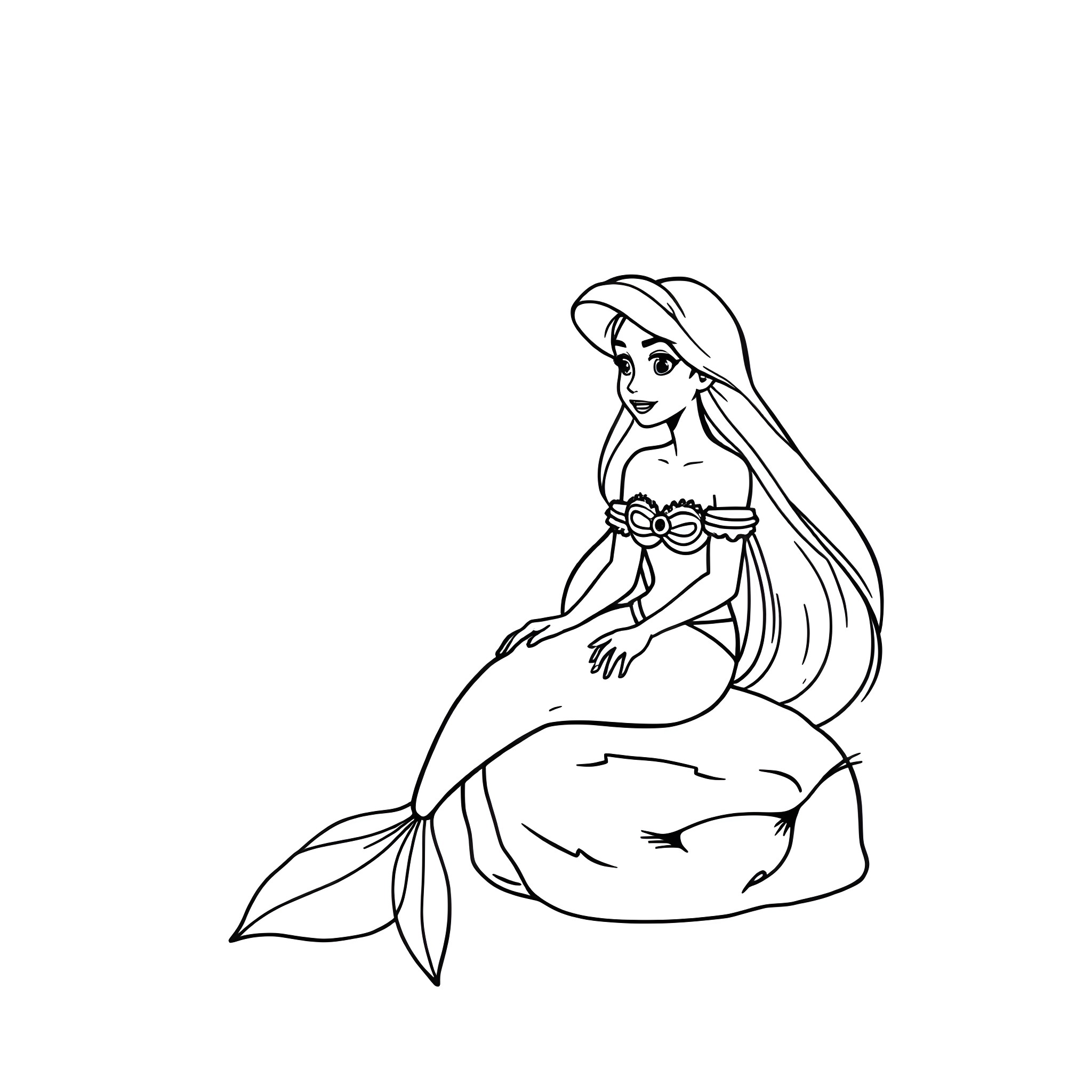 Ariel the Mermaid in Pensive Pose Coloring Page (free black-and-white line drawing printable PDF for all, from beginners to advanced learners, including children, teens, adults, and seniors)