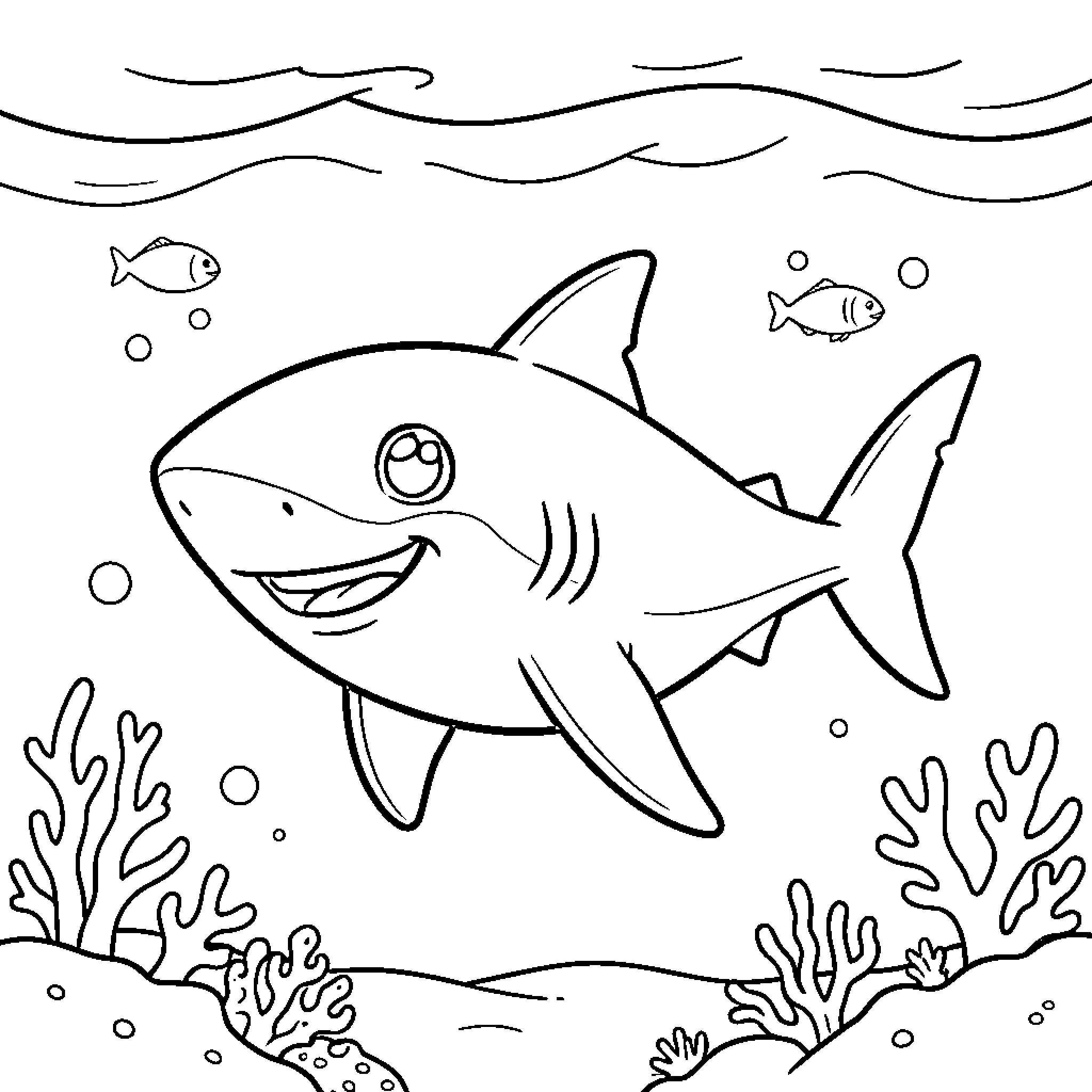Shark swimming with smaller fish in the ocean Coloring Page (free black-and-white line drawing printable PDF for all, from beginners to advanced learners, including children, teens, adults, and seniors)