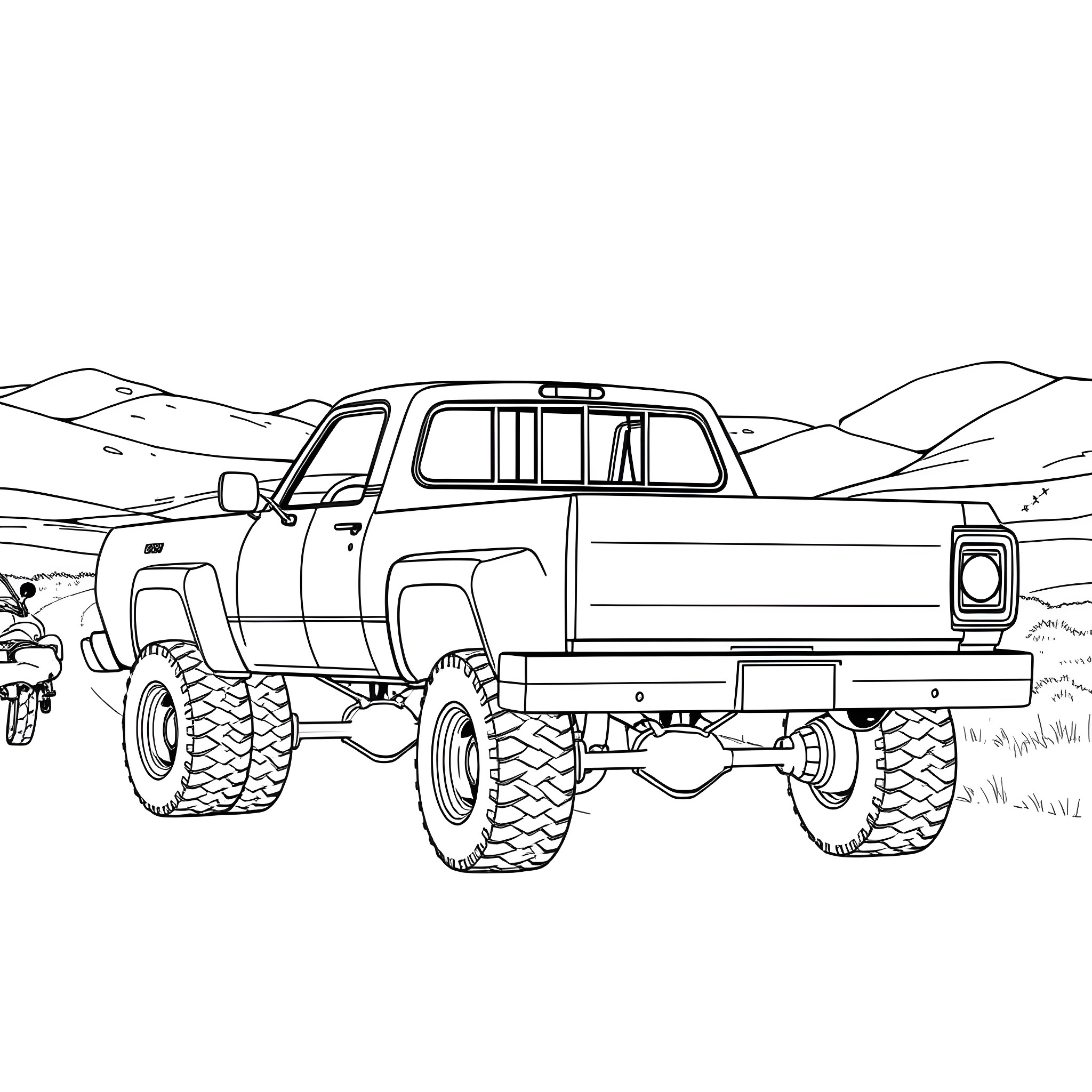 Dodge truck tackling rugged terrain Coloring Page (free black-and-white line drawing printable PDF for all, from beginners to advanced learners, including children, teens, adults, and seniors)