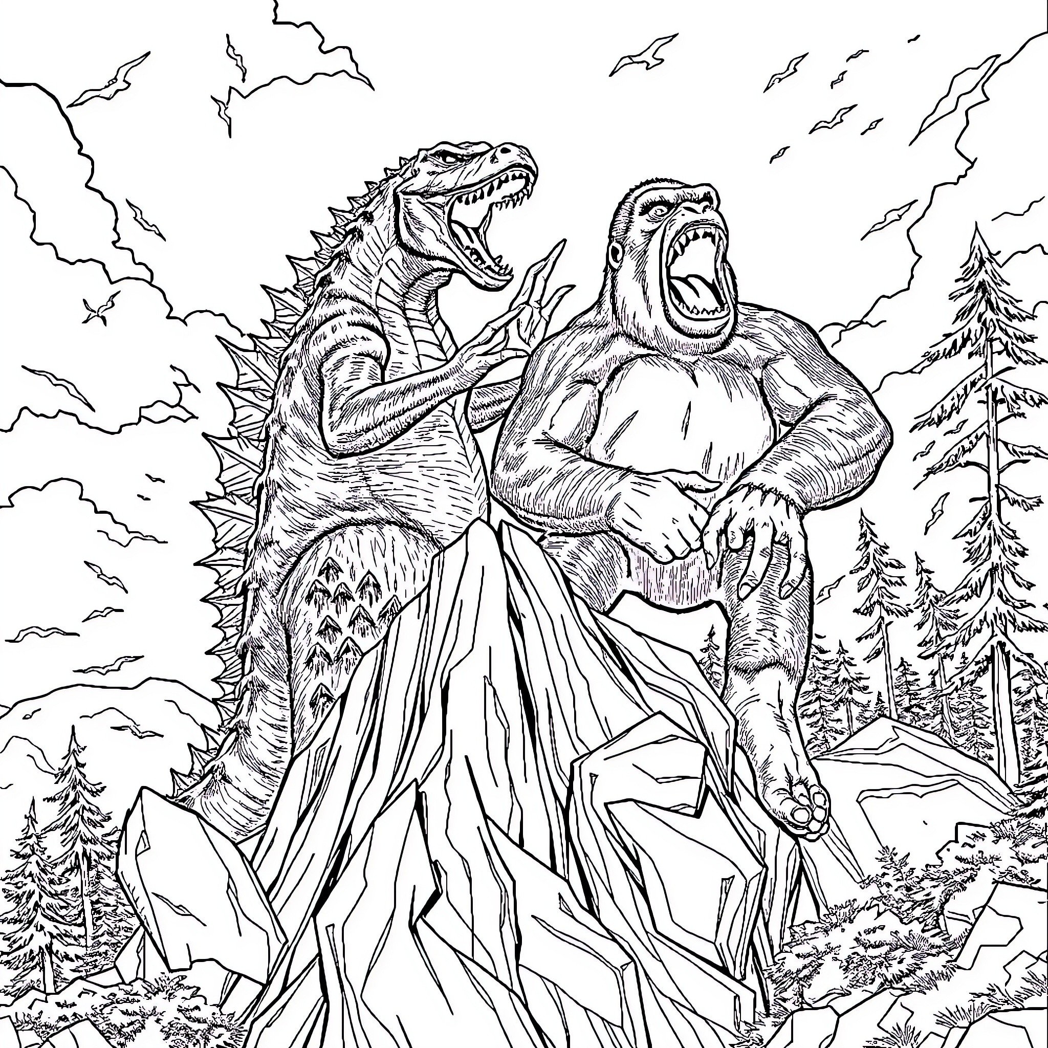 Godzilla and Kong Battle in the Wilderness Coloring Page (free black-and-white line drawing printable PDF for all, from beginners to advanced learners, including children, teens, adults, and seniors)