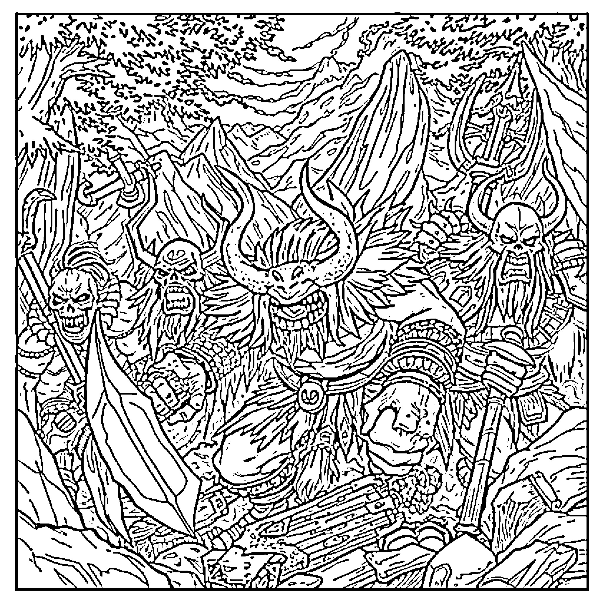 Horde of Fantastical Creatures in Cryptic Landscape Coloring Page (free black-and-white line drawing printable PDF for all, from beginners to advanced learners, including children, teens, adults, and seniors)