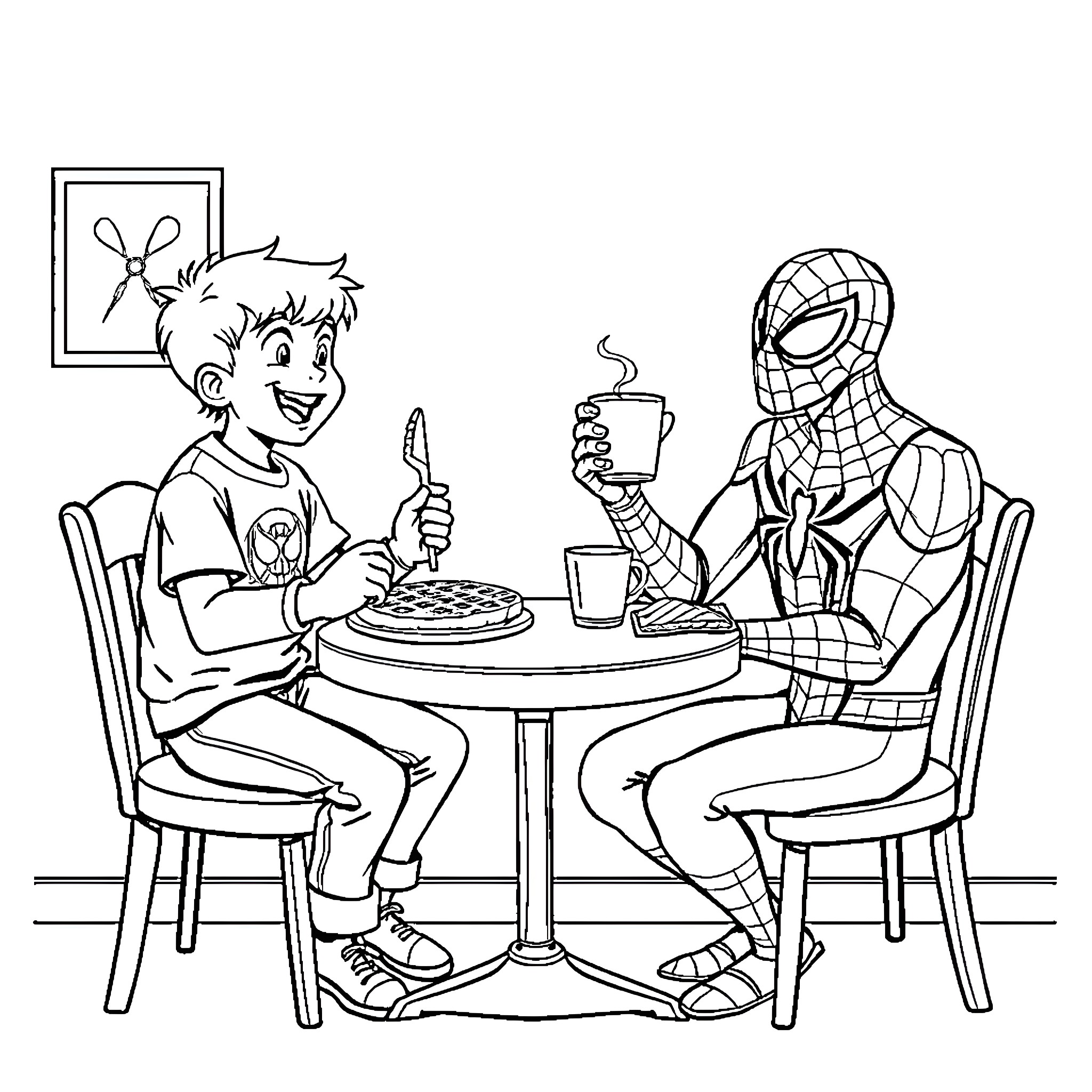 Billy the Kid and Spider-Man Enjoy Refreshments Coloring Page (free black-and-white line drawing printable PDF for all, from beginners to advanced learners, including children, teens, adults, and seniors)