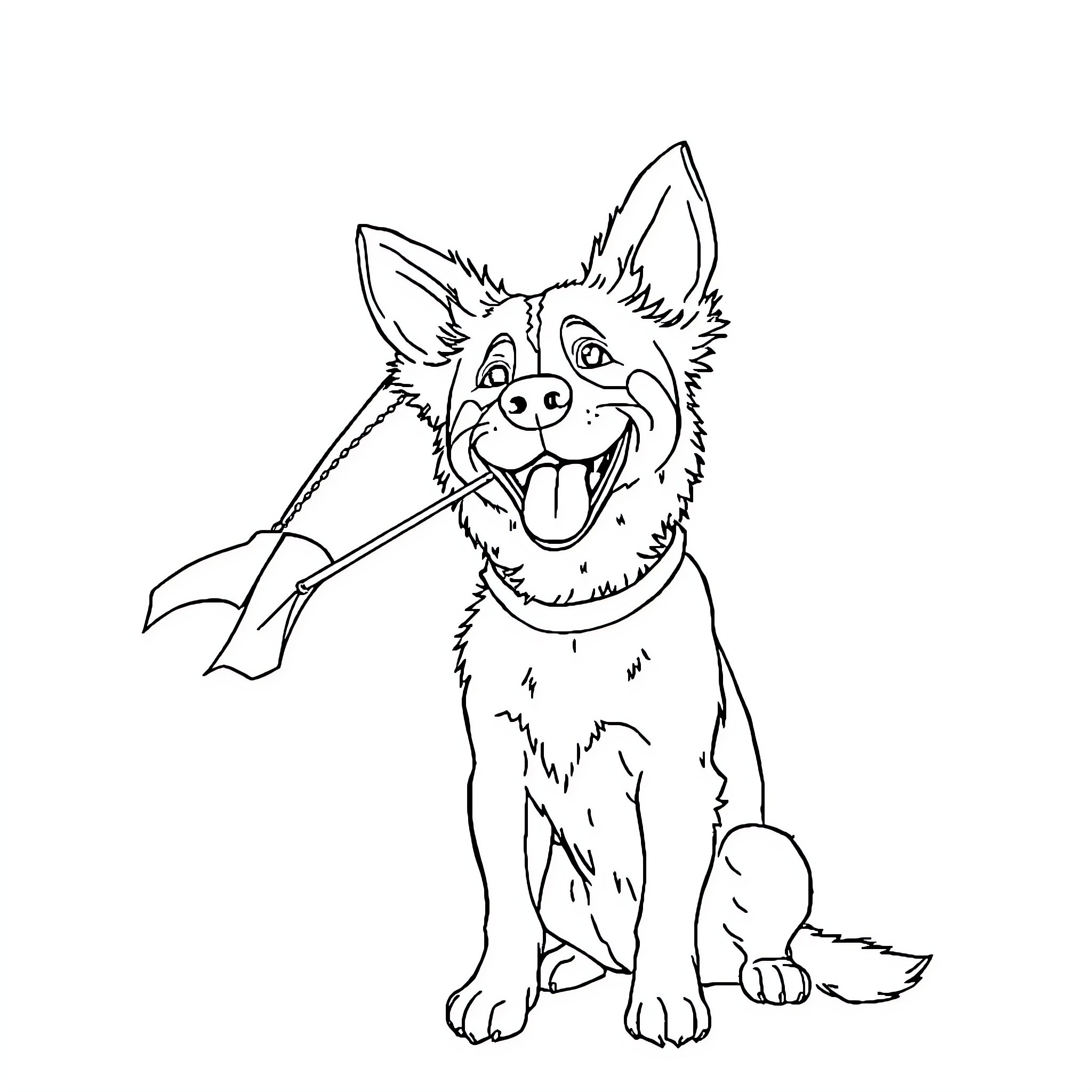 Dog playing with toy arrow happily Coloring Page (free black-and-white line drawing printable PDF for all, from beginners to advanced learners, including children, teens, adults, and seniors)
