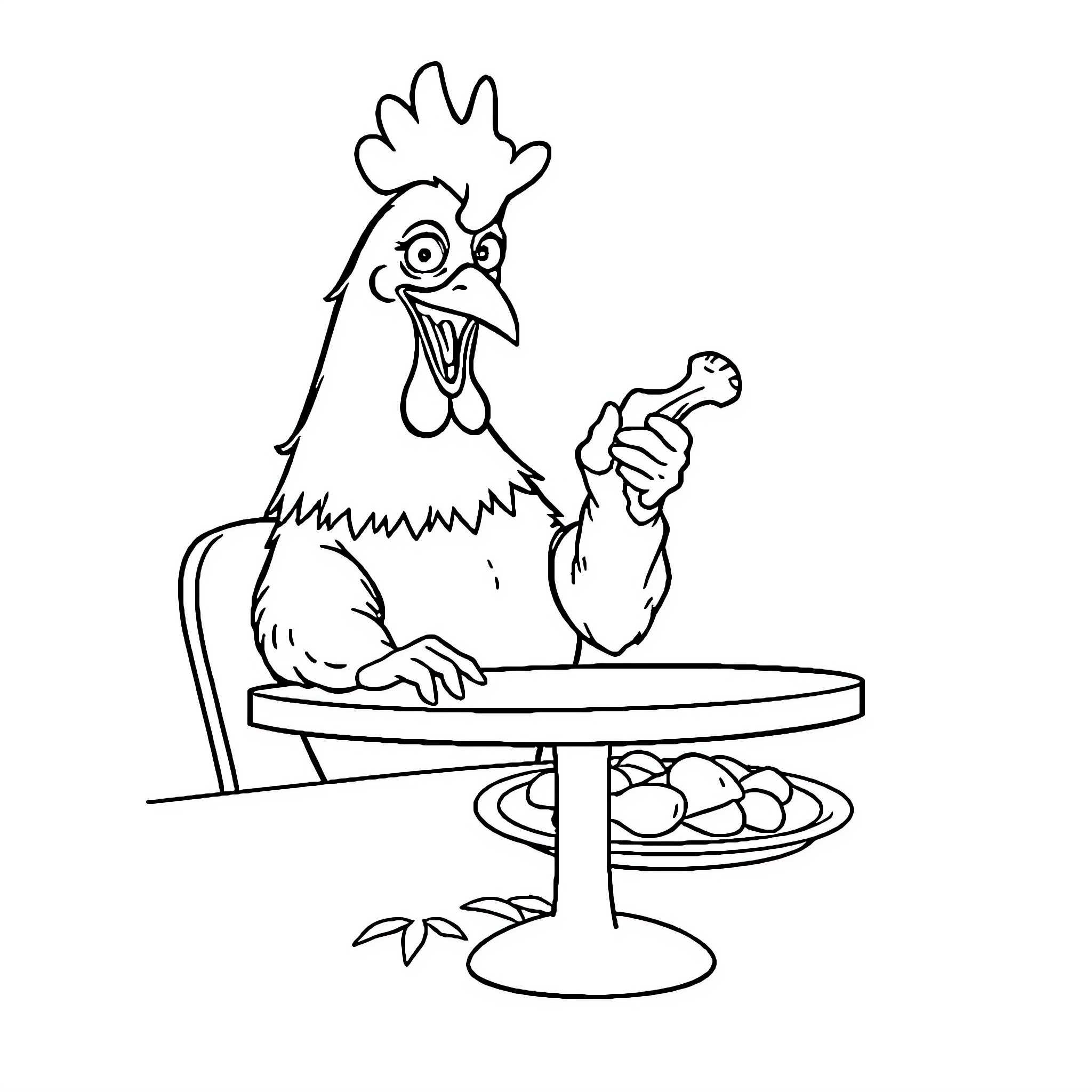Chicken enjoying a snack on the table Coloring Page (free black-and-white line drawing printable PDF for all, from beginners to advanced learners, including children, teens, adults, and seniors)