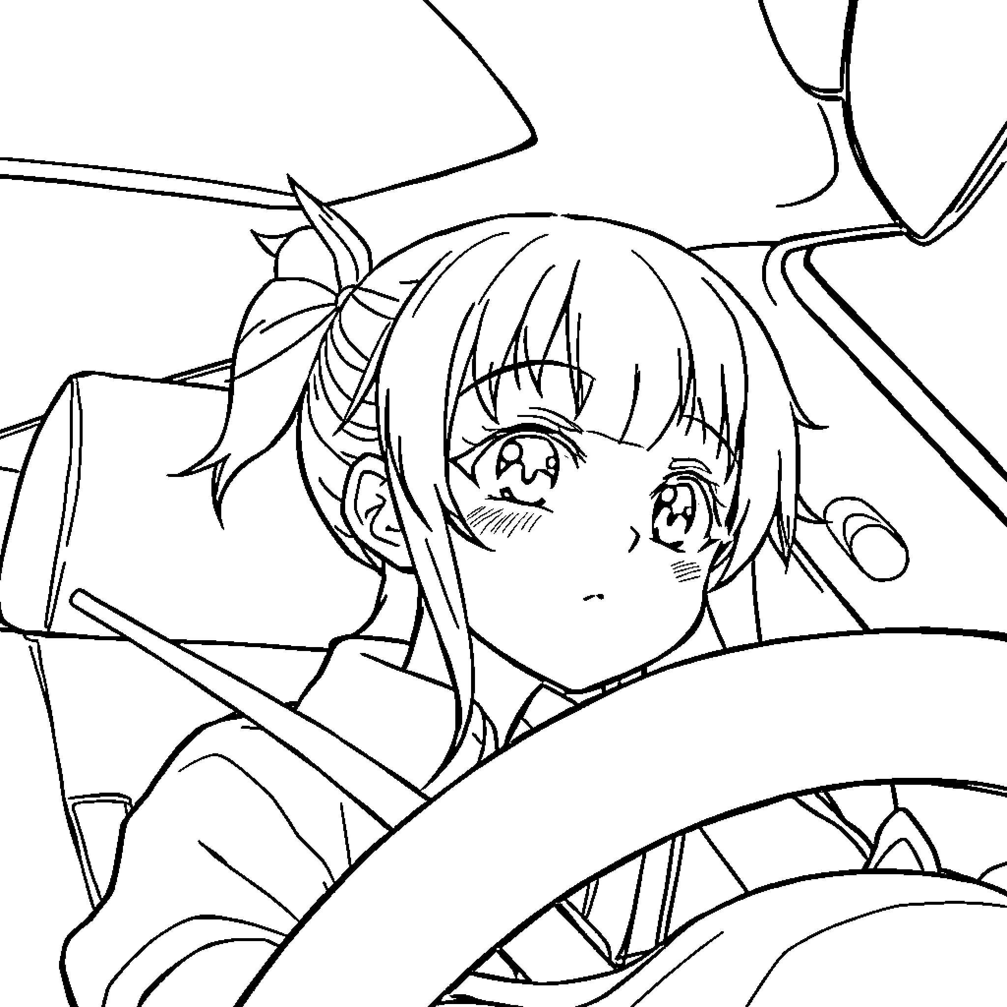 Anime Girl in a Vehicular Scene Coloring Page (free black-and-white line drawing printable PDF for all, from beginners to advanced learners, including children, teens, adults, and seniors)