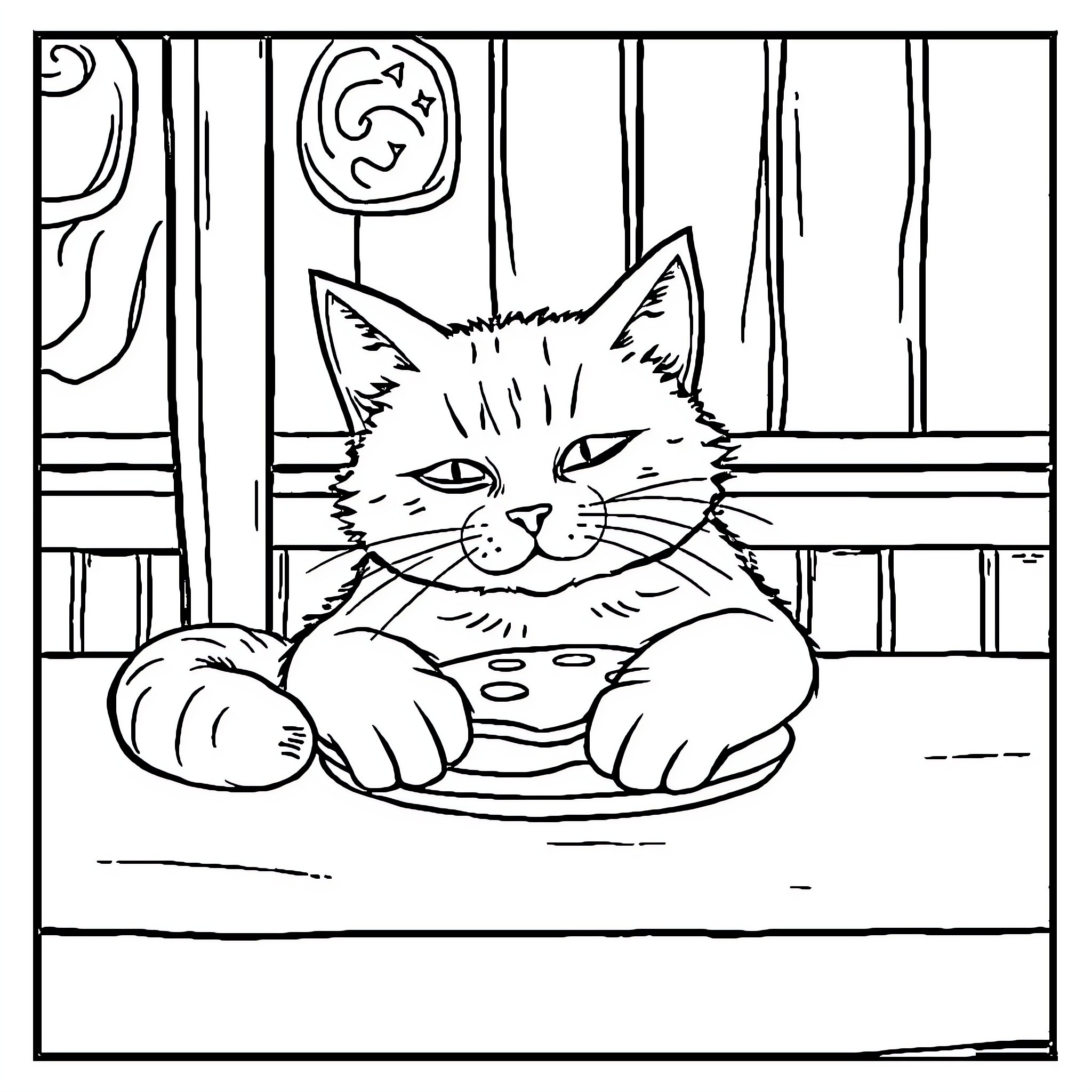 Cat resting comfortably in home setting Coloring Page (free black-and-white line drawing printable PDF for all, from beginners to advanced learners, including children, teens, adults, and seniors)