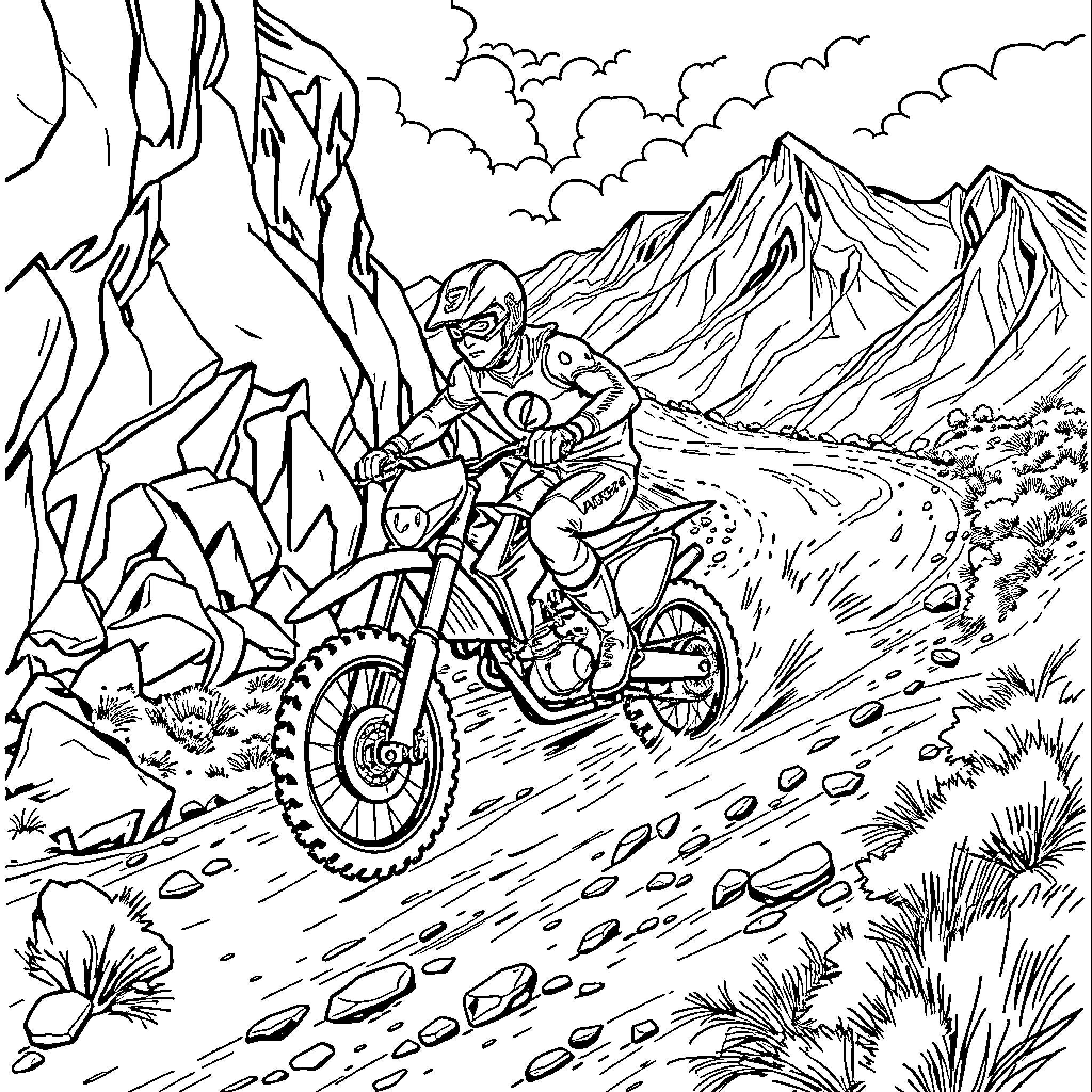 Flash Motocross Racer Conquers Rocky Terrain Coloring Page (free black-and-white line drawing printable PDF for all, from beginners to advanced learners, including children, teens, adults, and seniors)