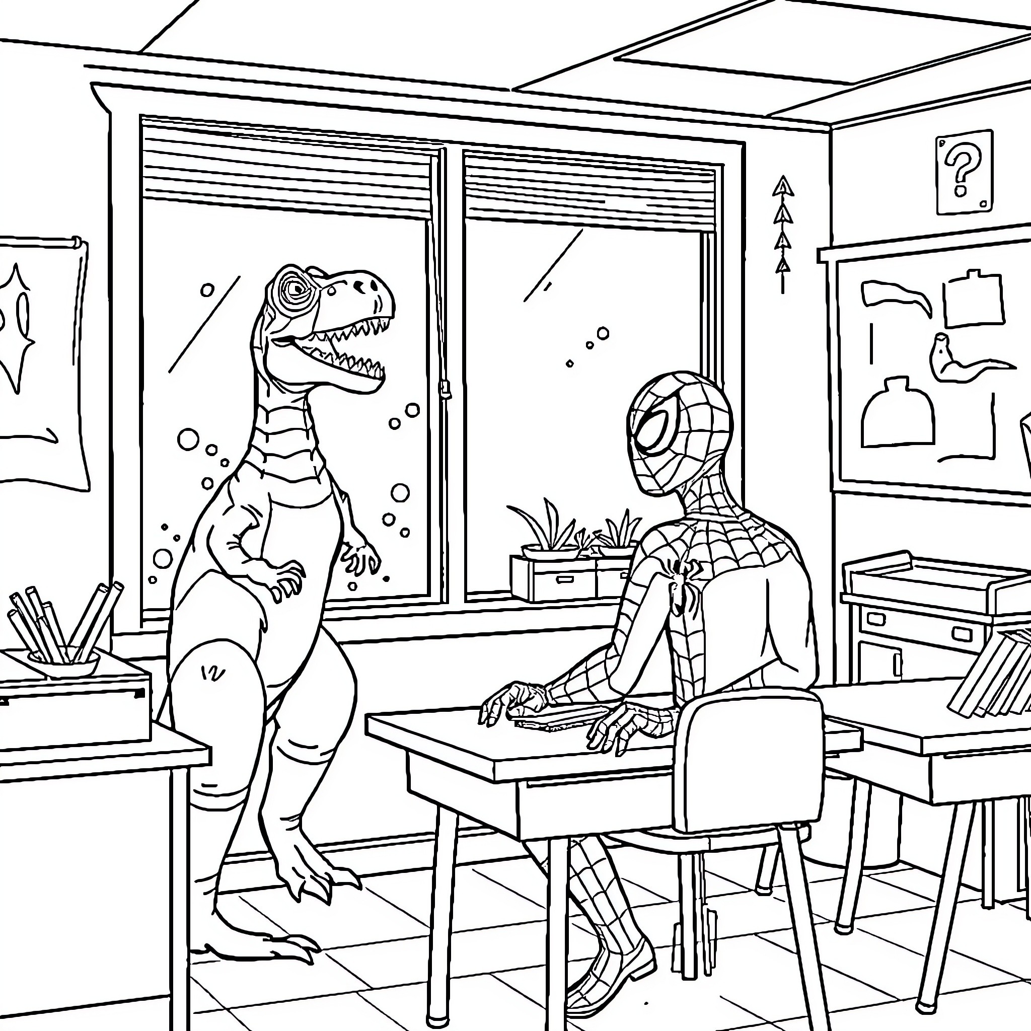 Spiderman relaxing with a dinosaur in a classroom Coloring Page (free black-and-white line drawing printable PDF for all, from beginners to advanced learners, including children, teens, adults, and seniors)