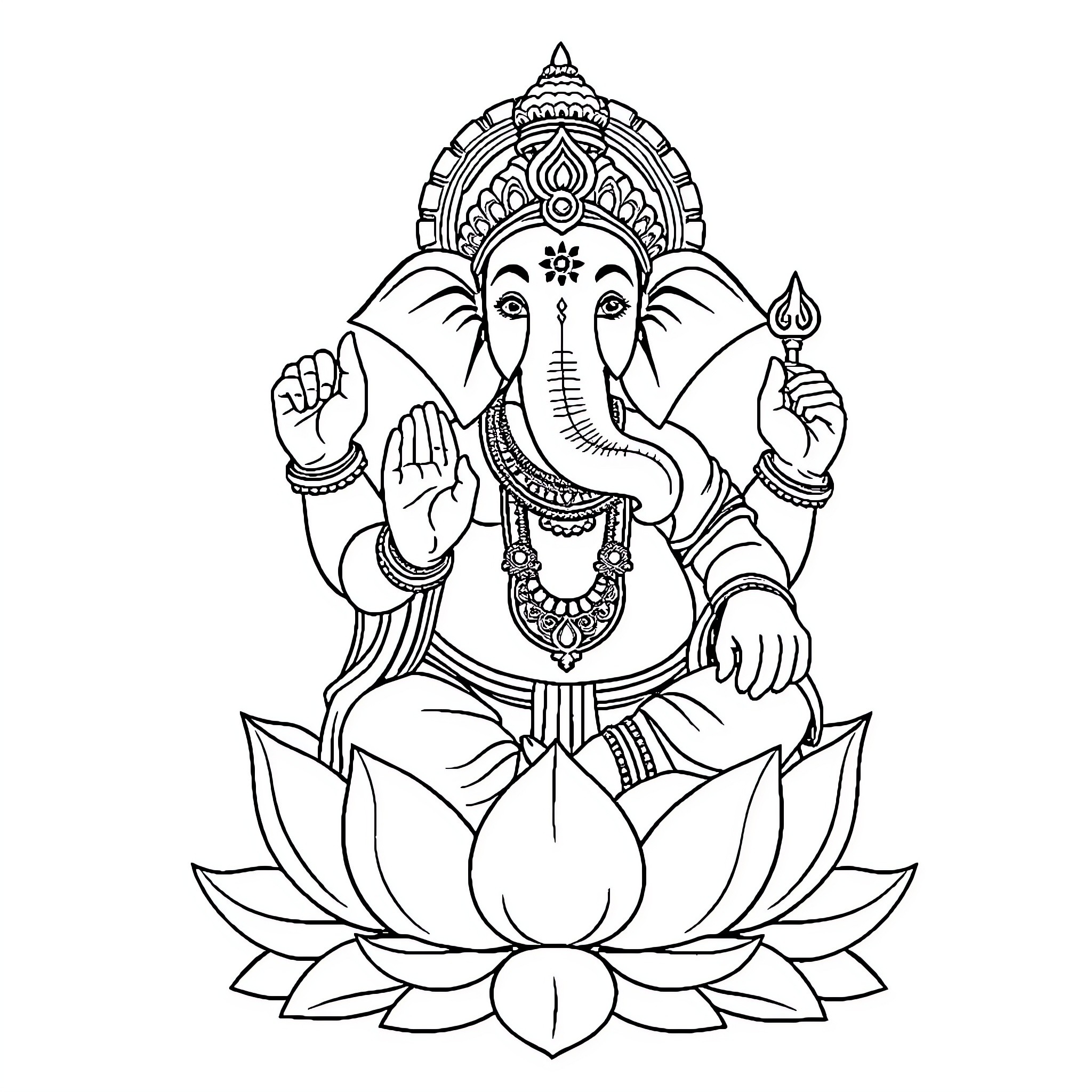 Ganesha sitting in lotus position with sacred items Coloring Page (free black-and-white line drawing printable PDF for all, from beginners to advanced learners, including children, teens, adults, and seniors)