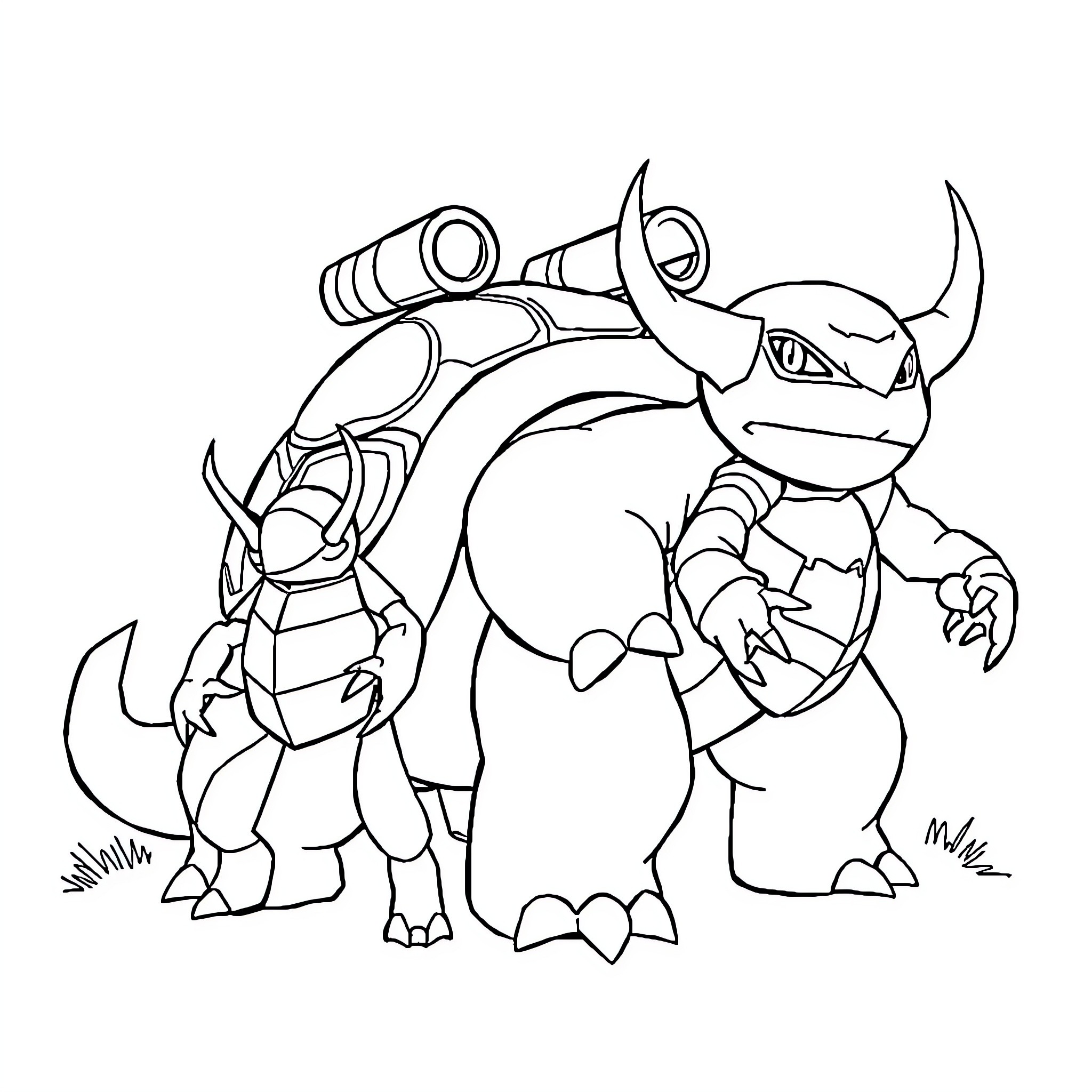 Blastoise preparing for battle with cannons Coloring Page (free black-and-white line drawing printable PDF for all, from beginners to advanced learners, including children, teens, adults, and seniors)