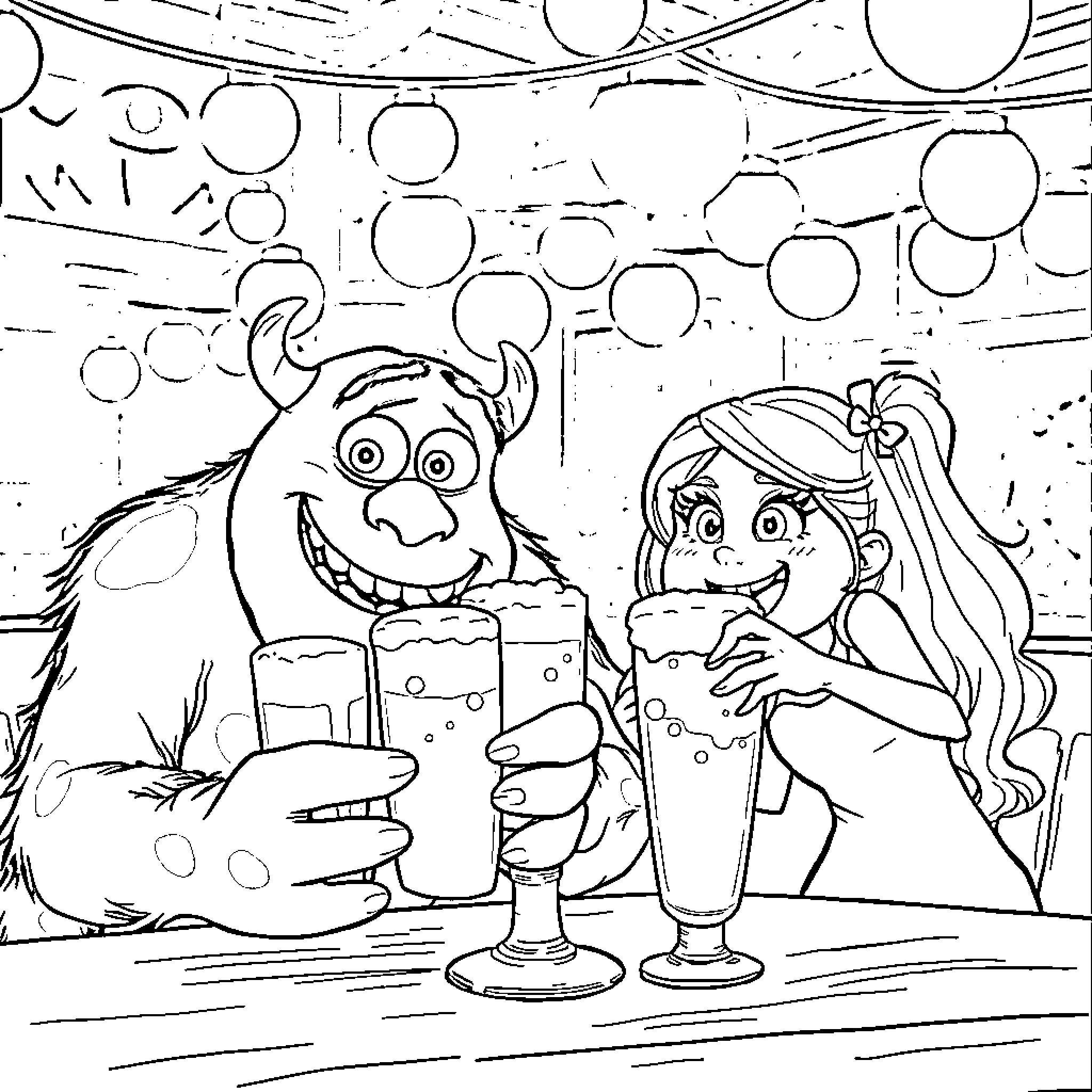 Sulley and Boo Enjoying Drinks at the Monster Bar Coloring Page (free black-and-white line drawing printable PDF for all, from beginners to advanced learners, including children, teens, adults, and seniors)