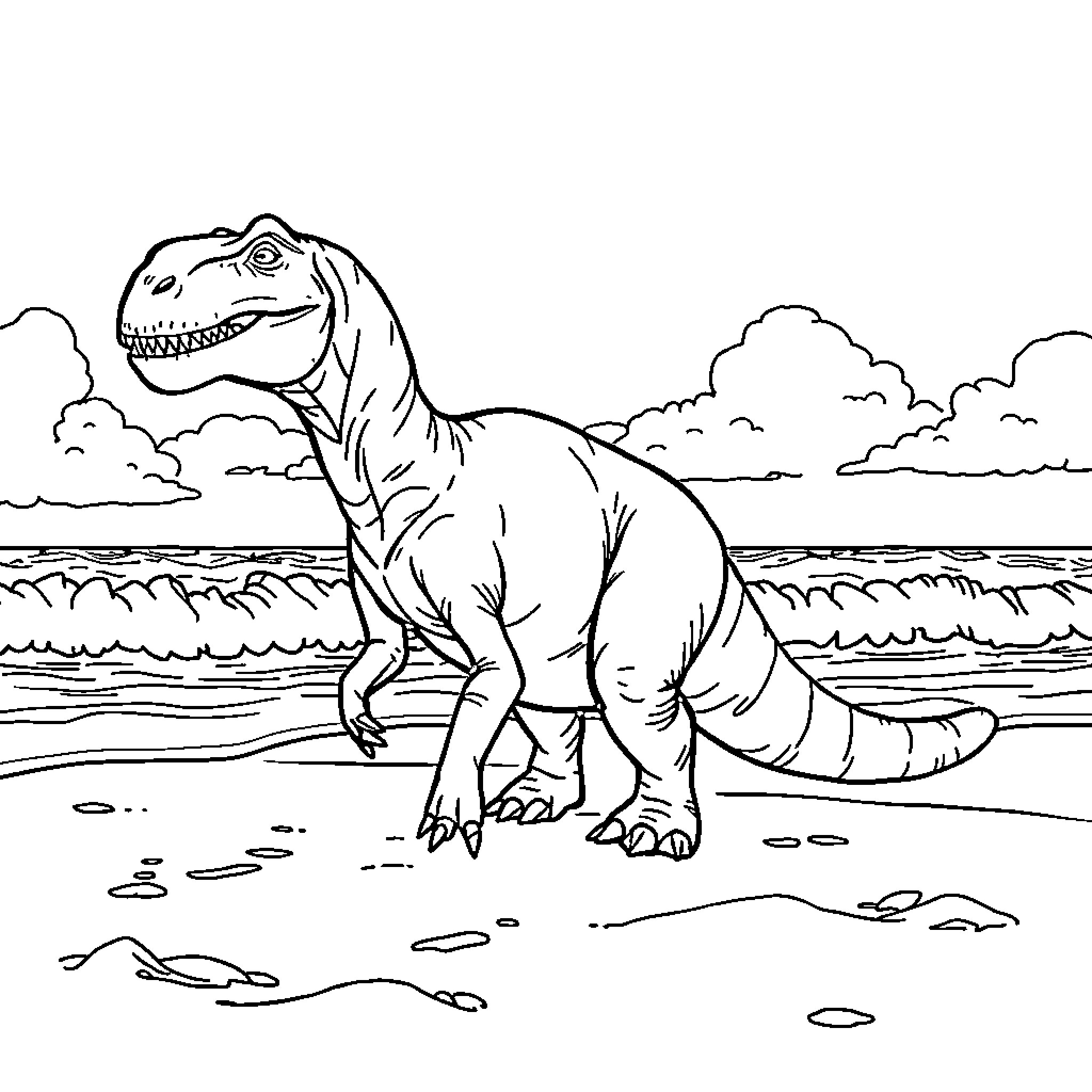 Dinosaur enjoying the beach scenery Coloring Page (free black-and-white line drawing printable PDF for all, from beginners to advanced learners, including children, teens, adults, and seniors)