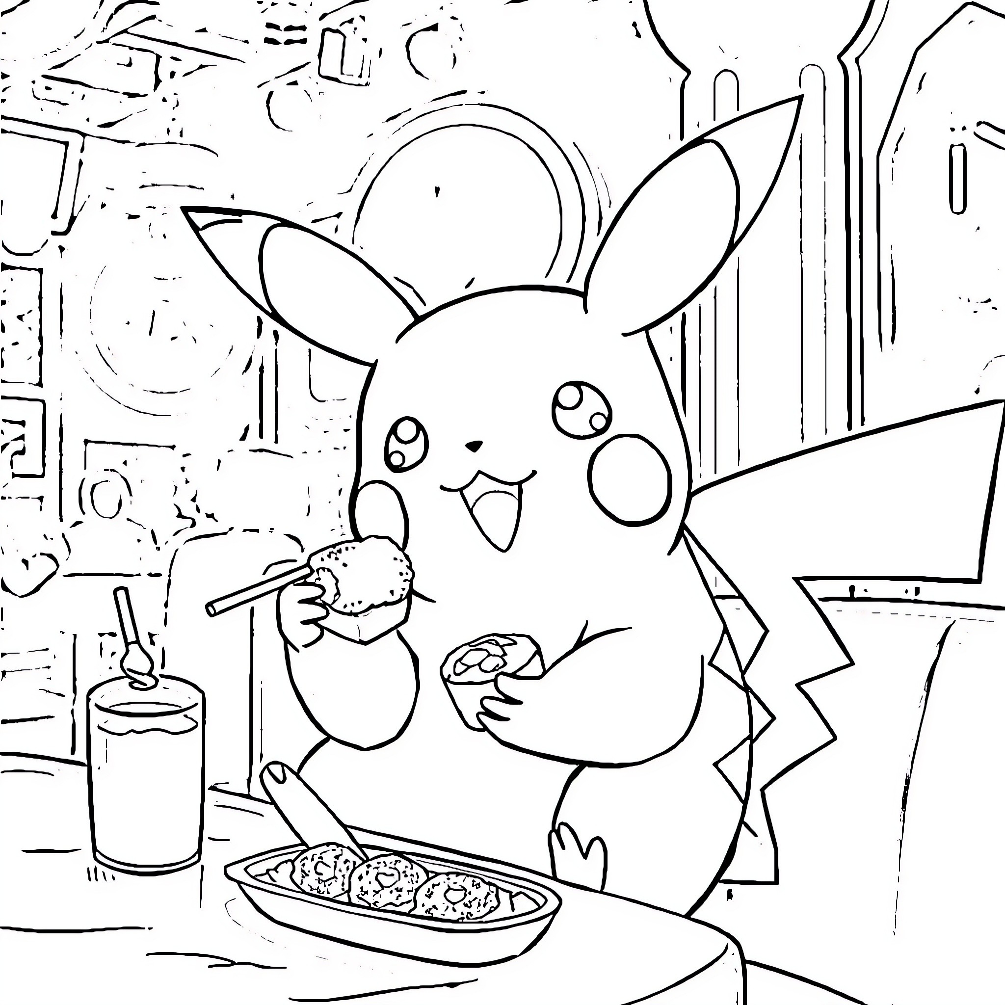 Pikachu enjoying a snack at the diner Coloring Page (free black-and-white line drawing printable PDF for all, from beginners to advanced learners, including children, teens, adults, and seniors)