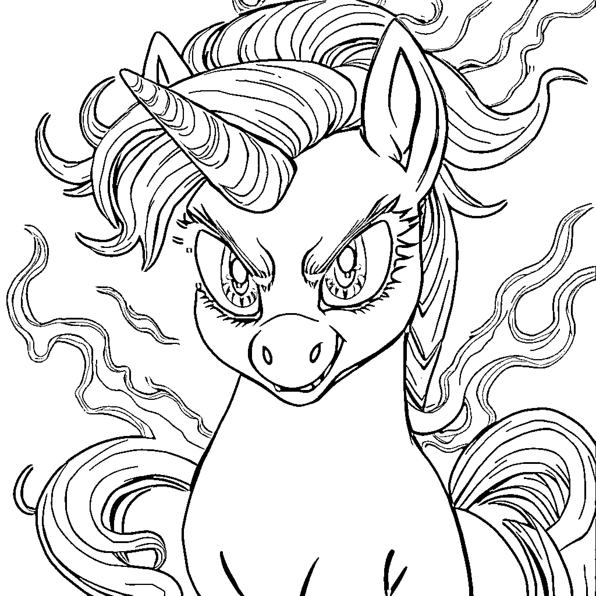 Pony with Fierce Expression and Flowing Mane Coloring Page (free black-and-white line drawing printable PDF for all, from beginners to advanced learners, including children, teens, adults, and seniors)