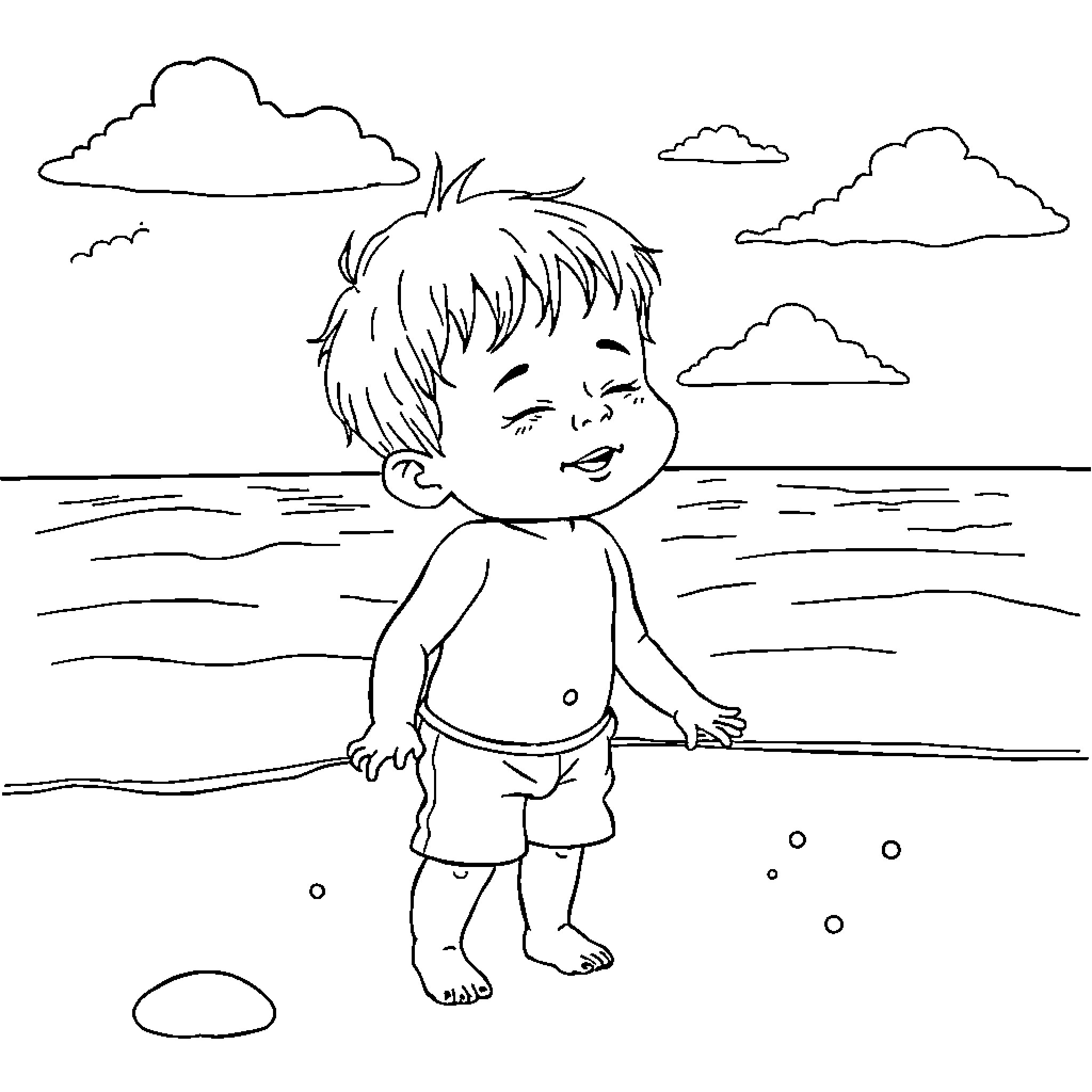 Niño enjoying a sunny day at the beach Coloring Page (free black-and-white line drawing printable PDF for all, from beginners to advanced learners, including children, teens, adults, and seniors)
