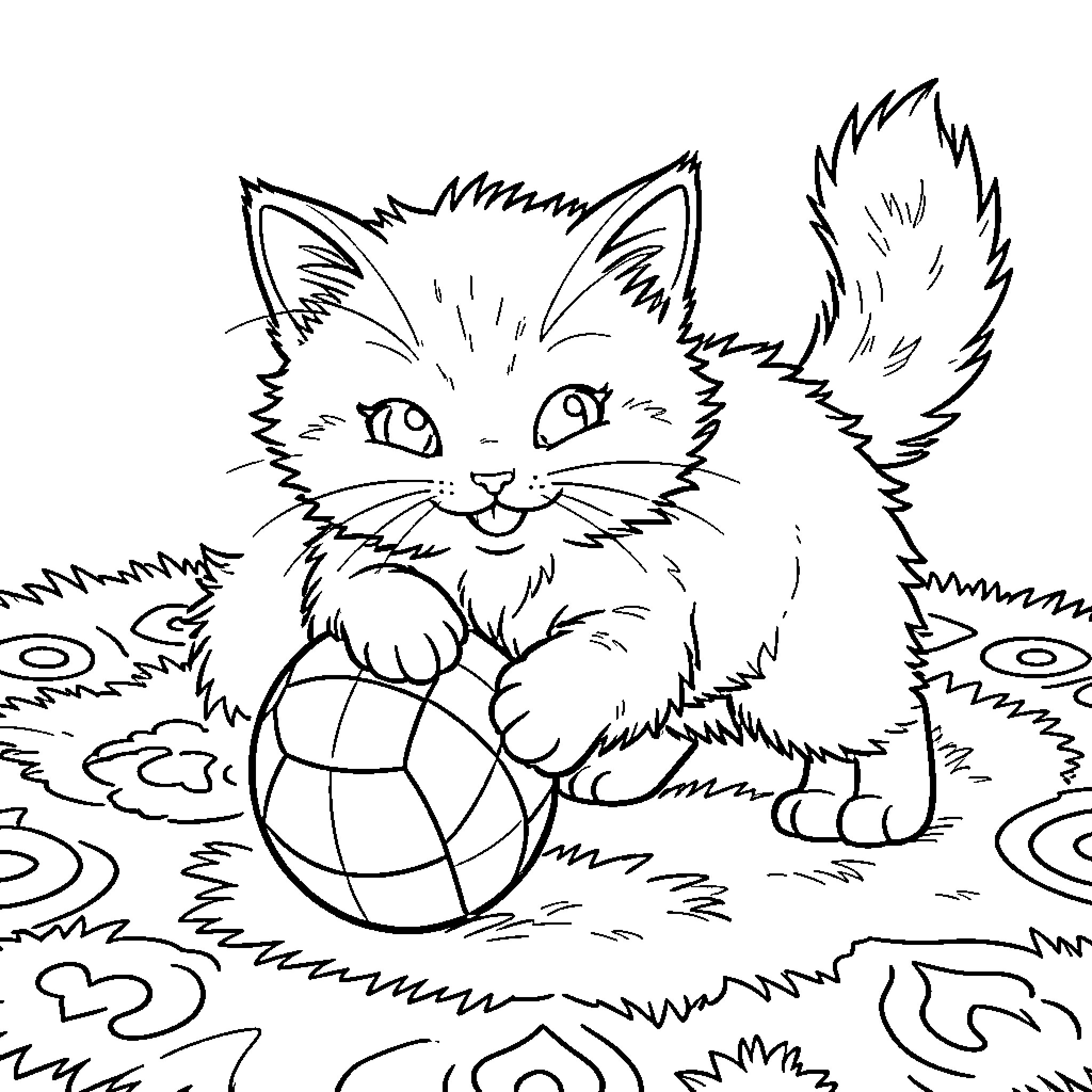 Kitten playfully rolling on the ground Coloring Page (free black-and-white line drawing printable PDF for all, from beginners to advanced learners, including children, teens, adults, and seniors)