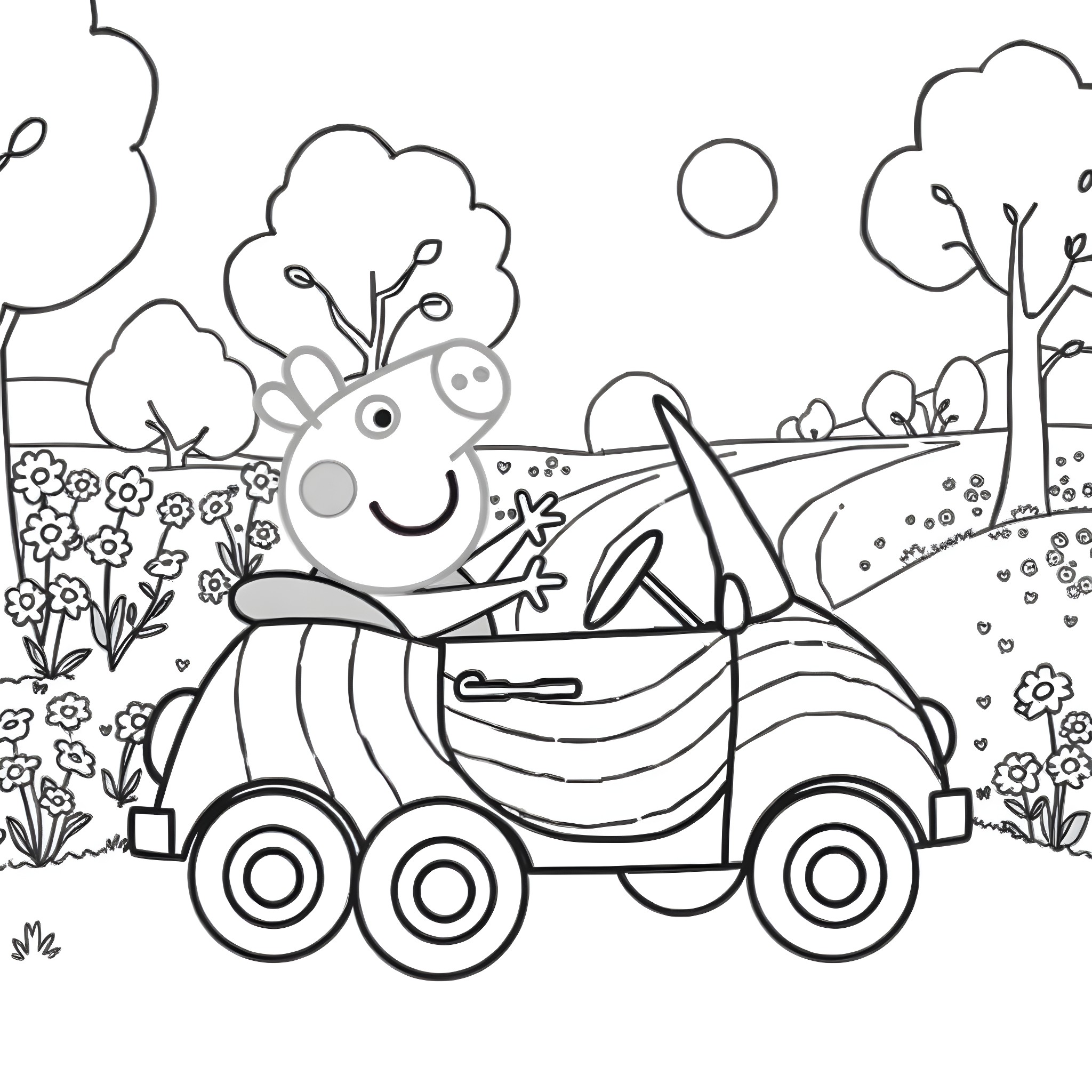 Peppa Pig driving a car in a nature scene Coloring Page (free black-and-white line drawing printable PDF for all, from beginners to advanced learners, including children, teens, adults, and seniors)