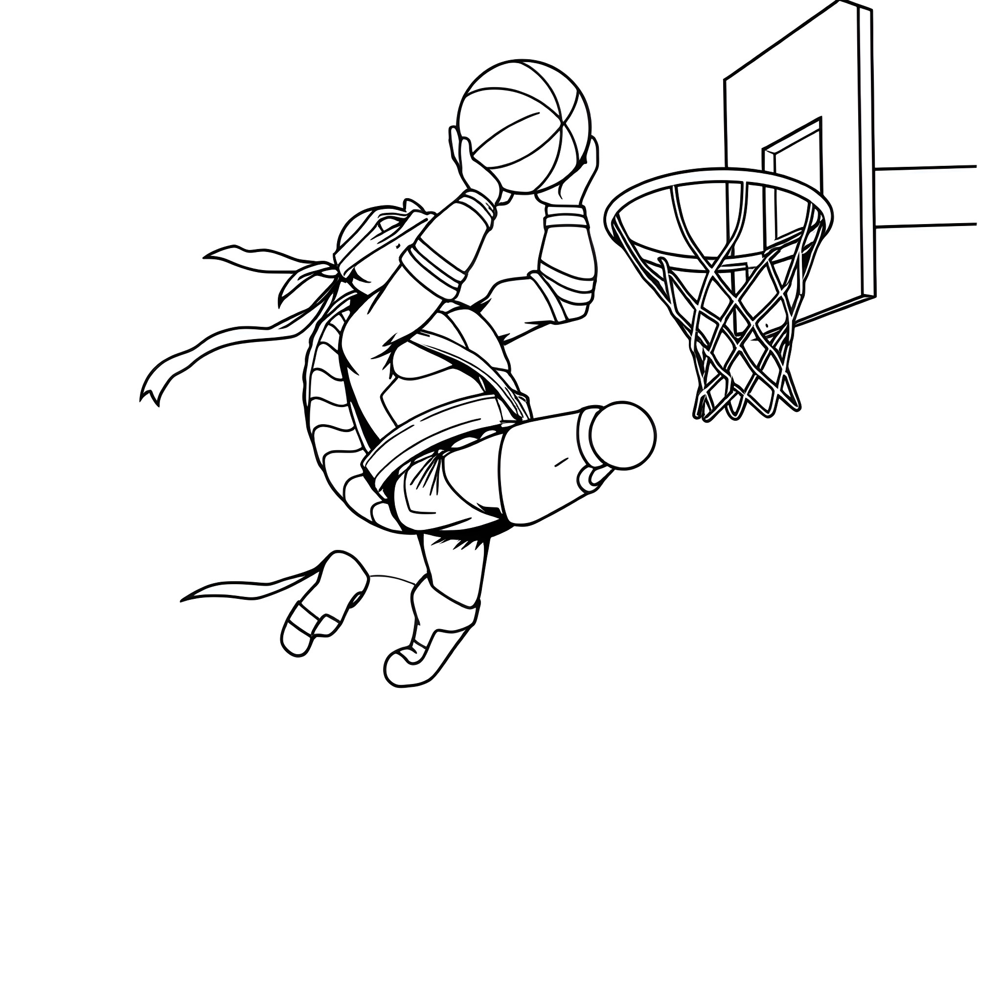 Ninja Turtle Slam Dunking on Basketball Hoop Coloring Page (free black-and-white line drawing printable PDF for all, from beginners to advanced learners, including children, teens, adults, and seniors)