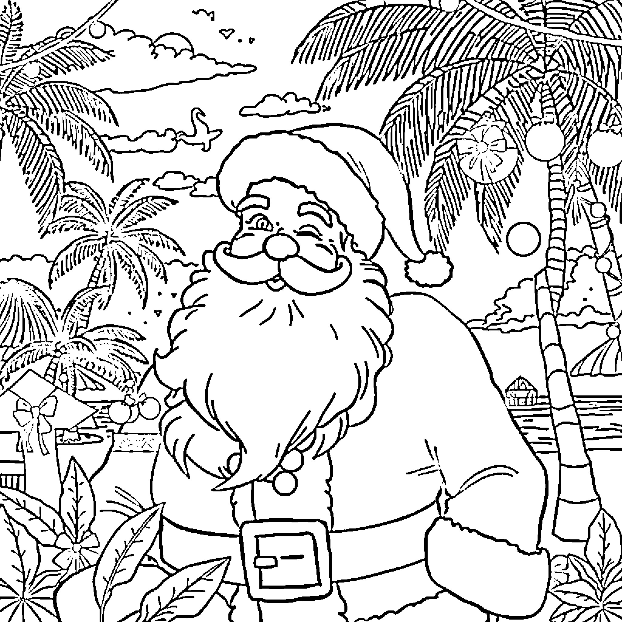 Santa Claus relaxing on a tropical beach Coloring Page (free black-and-white line drawing printable PDF for all, from beginners to advanced learners, including children, teens, adults, and seniors)