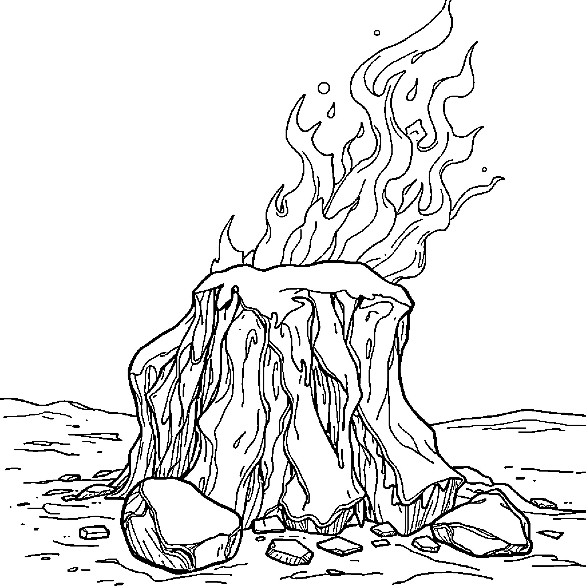 ICE Burning Bonfire Flames on Rock Mound Coloring Page (free black-and-white line drawing printable PDF for all, from beginners to advanced learners, including children, teens, adults, and seniors)