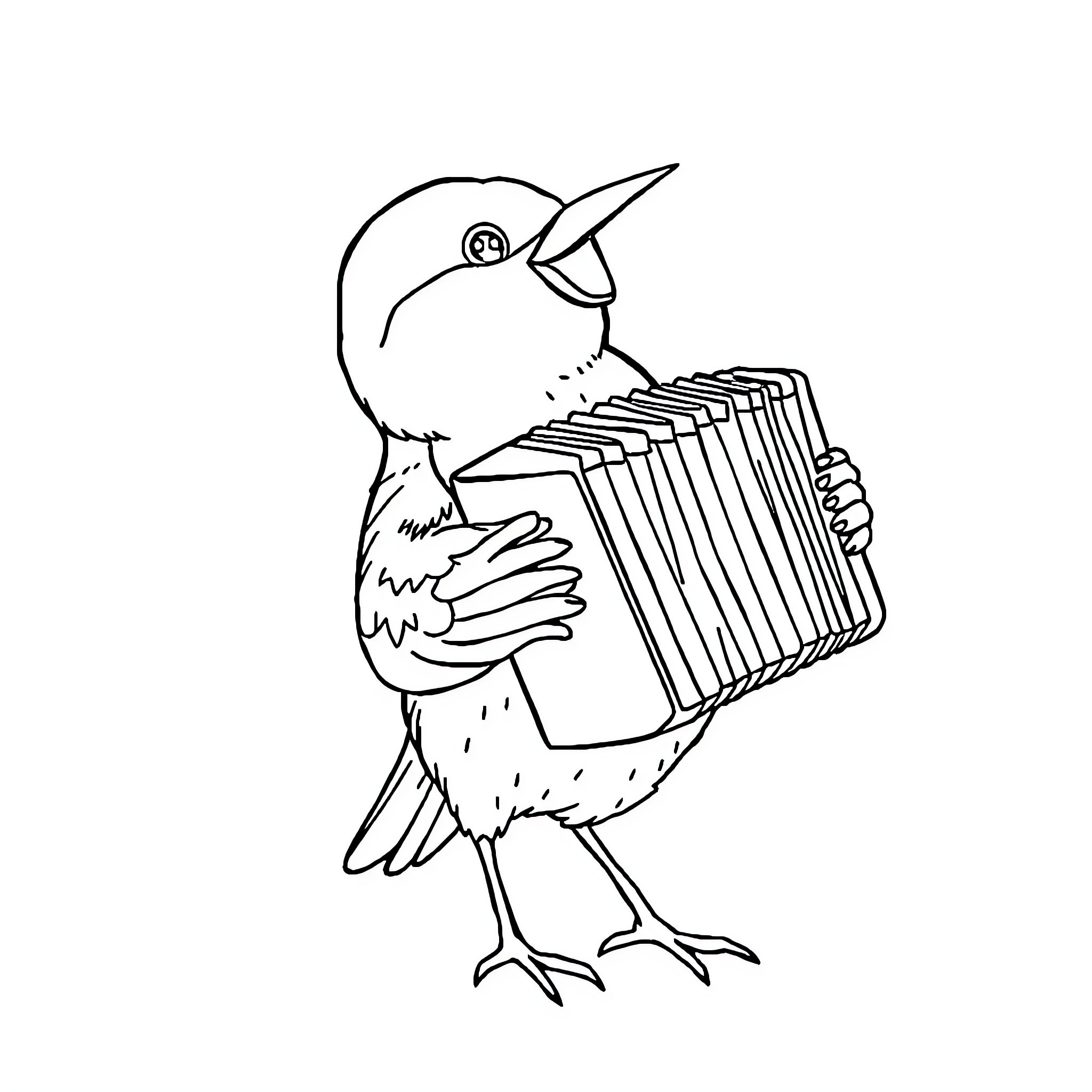 Bird playing accordion Coloring Page (free black-and-white line drawing printable PDF for all, from beginners to advanced learners, including children, teens, adults, and seniors)