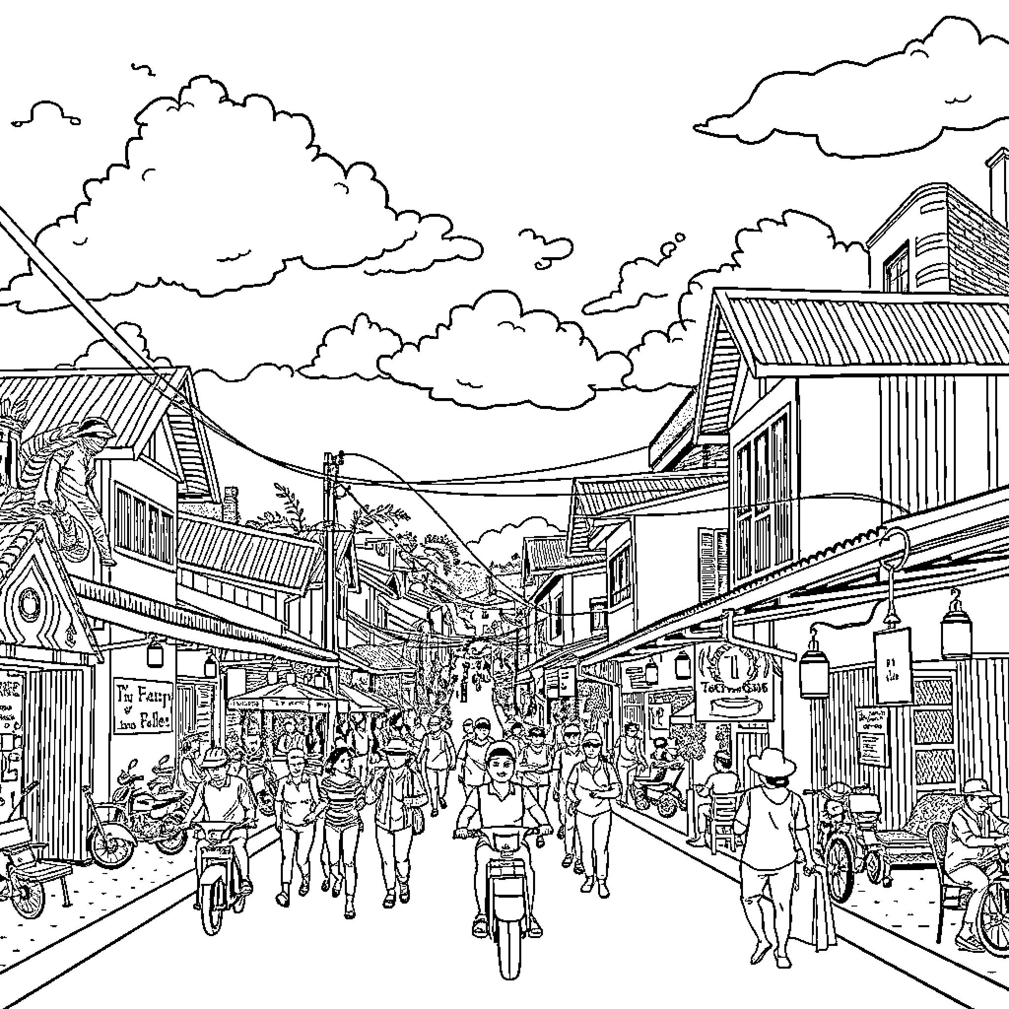 Calinan Mintal: Bustling Street Scene with Diverse Crowd Coloring Page (free black-and-white line drawing printable PDF for all, from beginners to advanced learners, including children, teens, adults, and seniors)