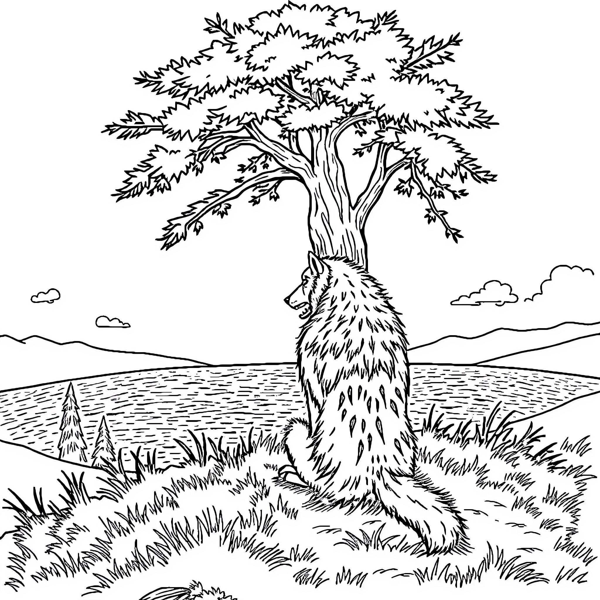 Werewolf howling under the twisted, leafy tree Coloring Page (free black-and-white line drawing printable PDF for all, from beginners to advanced learners, including children, teens, adults, and seniors)