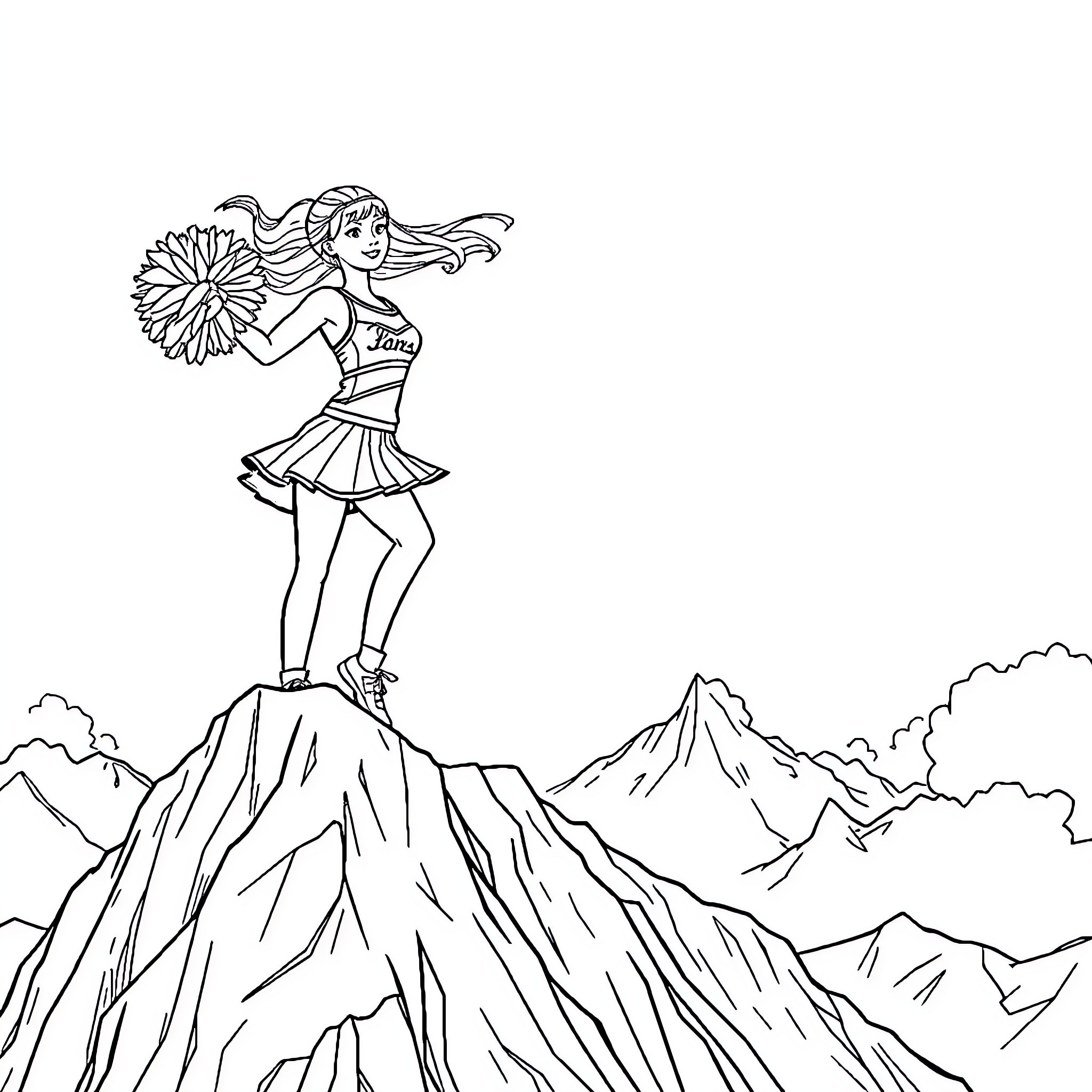 Cheerleader Performing on Mountain Ledge Coloring Page (free black-and-white line drawing printable PDF for all, from beginners to advanced learners, including children, teens, adults, and seniors)