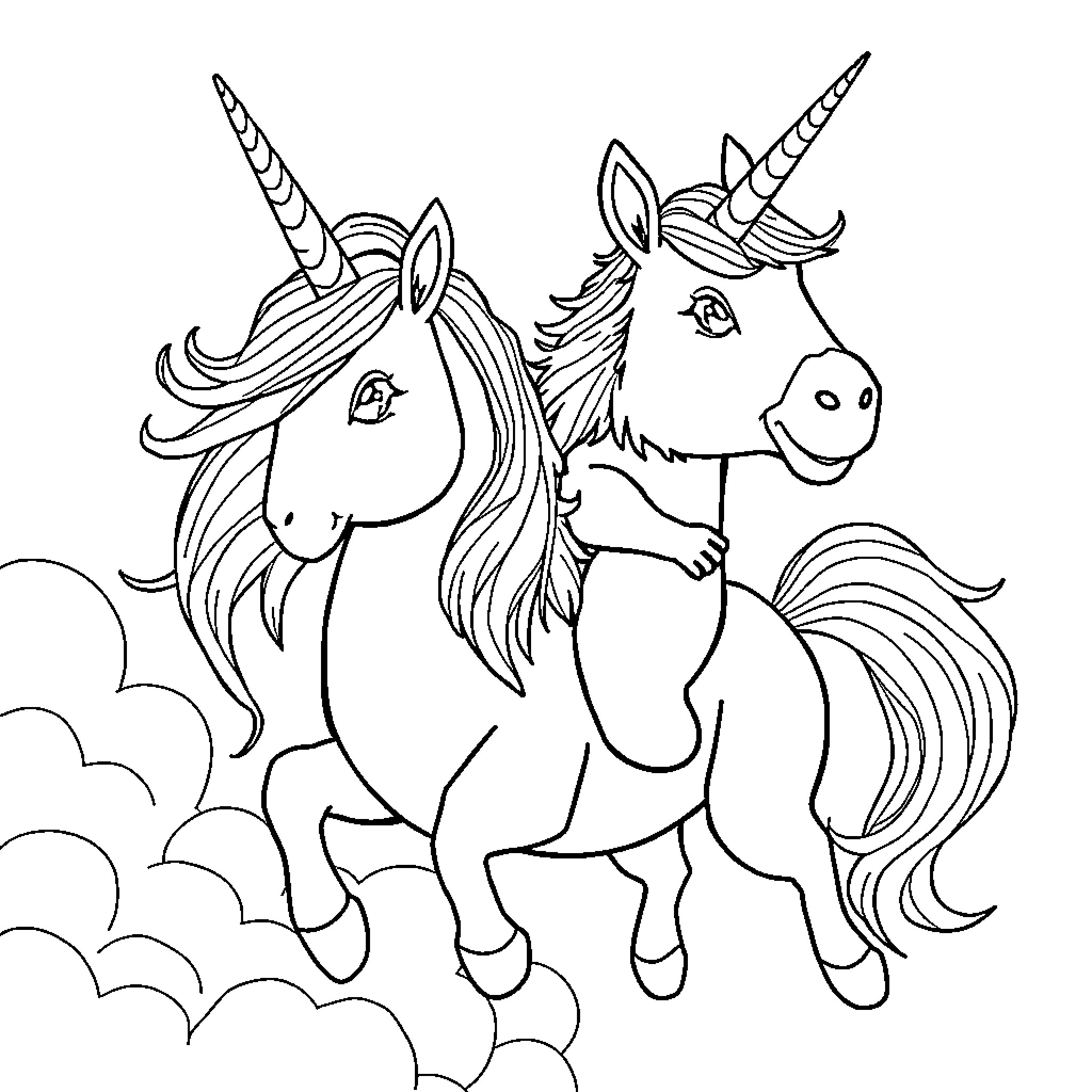 Capybara unicorns frolicking in the clouds Coloring Page (free black-and-white line drawing printable PDF for all, from beginners to advanced learners, including children, teens, adults, and seniors)